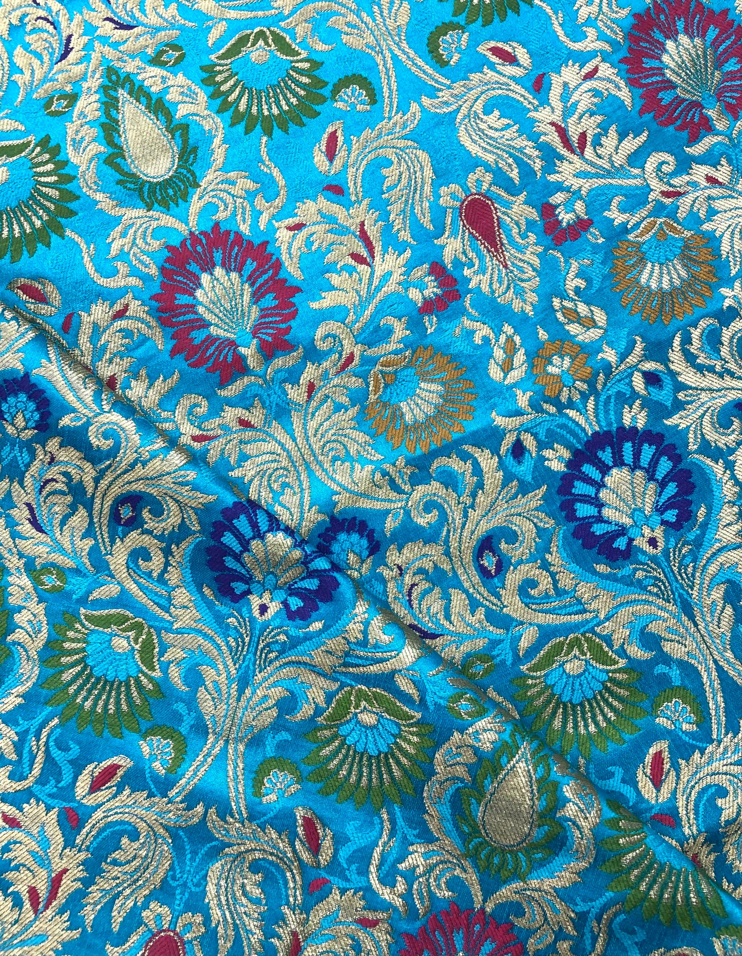 Indian Banarasi Brocade fabric in Blue and Gold color, Multiple lengths will come in the continuous piece - NF613