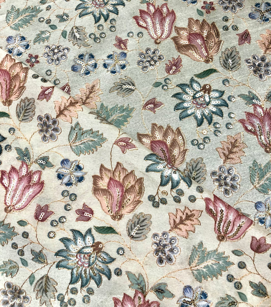 Indian Embroidered Fabric in Ivory and Gold Color, Multiple lengths will come in the continuous Piece - NF746