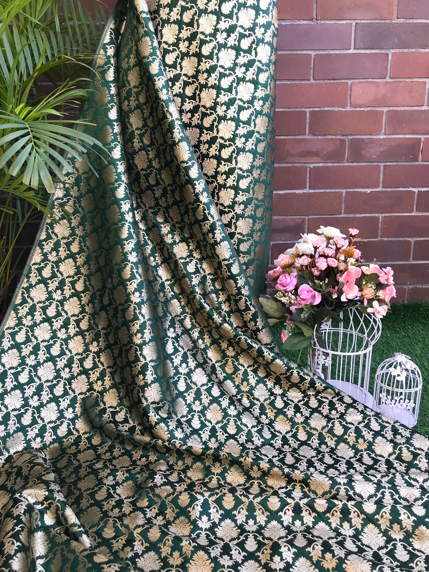 Indian Banarasi Brocade fabric in Green and Gold color, Multiple lengths will come in the continuous Piece - NF70