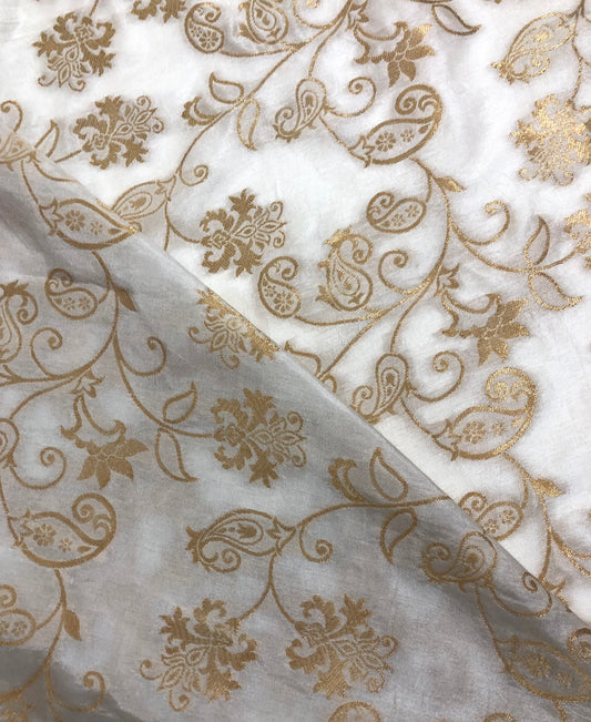 Off White and Gold Dola Silk Dyeable Fabric, Wedding Dress Fabric,  Multiple lengths will come in a continuous piece - NF862