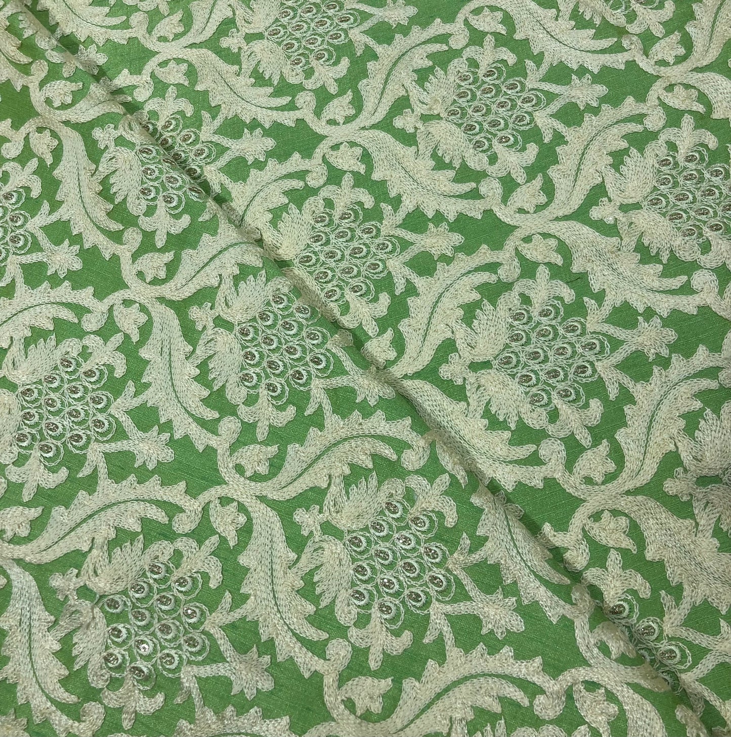 Indian Embroidered Fabric in Green color, Multiple lengths will come in the continuous piece - NF833