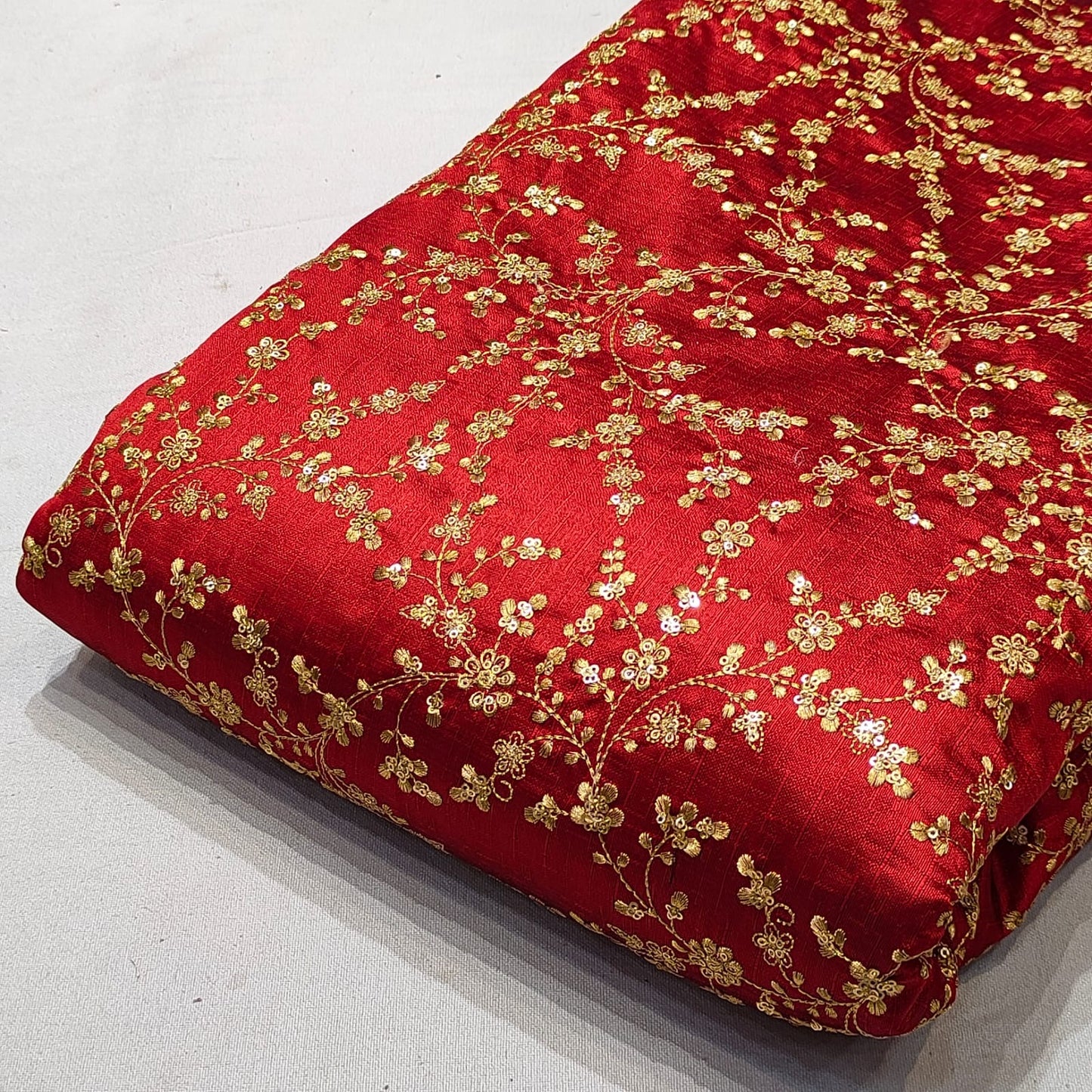 Indian Embroidered Fabric in Red & Gold color, Multiple lengths will come in the continuous piece - NF334