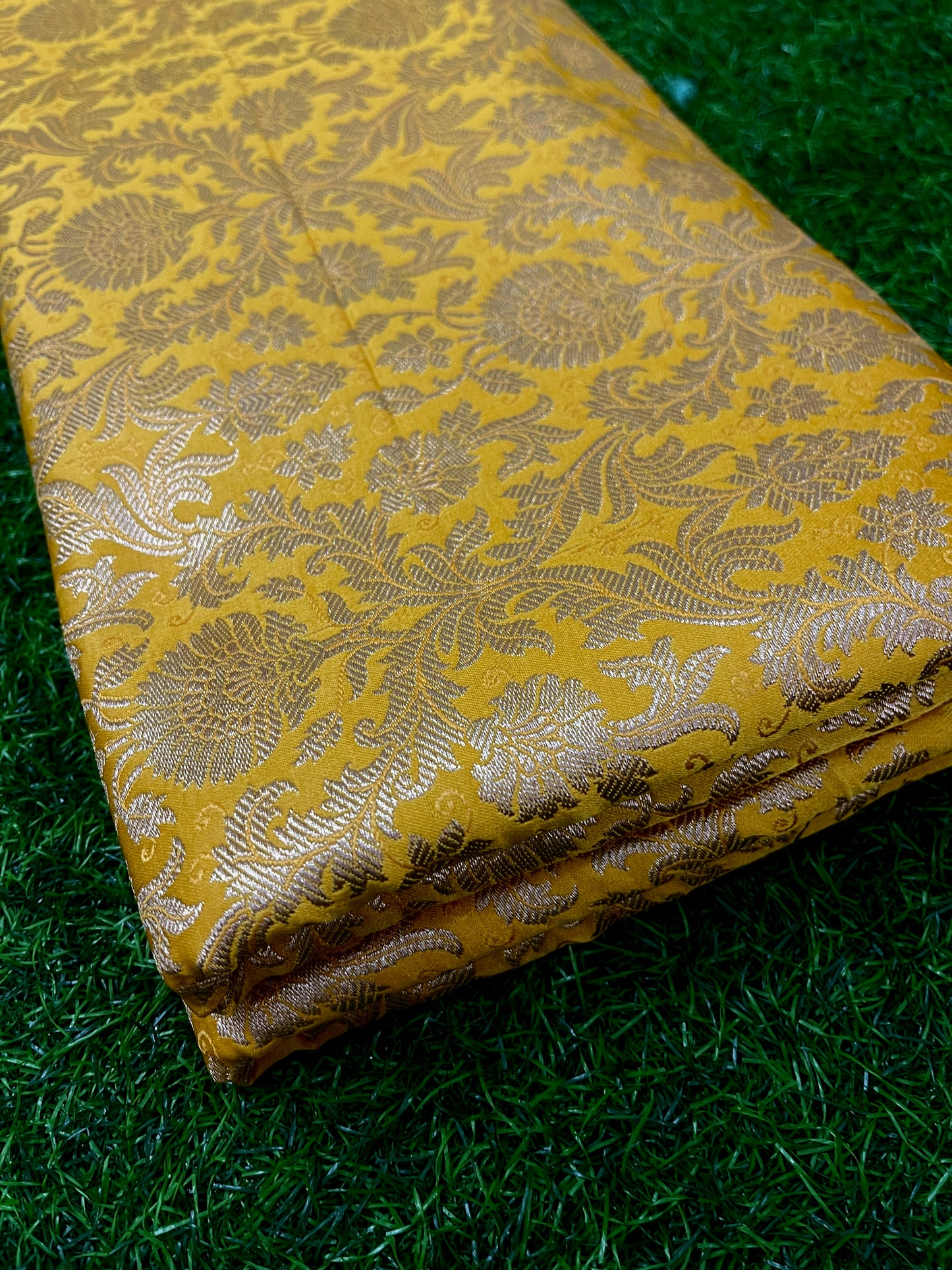 Indian Banarasi Brocade fabric in Yellow and Gold color, Multiple lengths will come in the continuous piece - NF340