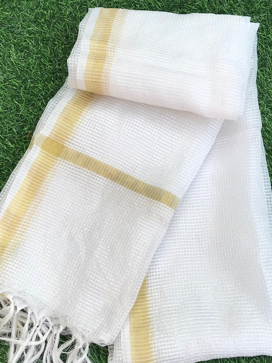Off White Chanderi Dupatta with Gold Border Stole for women, Bridal Fabric, Saree Drape, Abaya, Indian Fashion, Veil, Wedding Fabric DP015