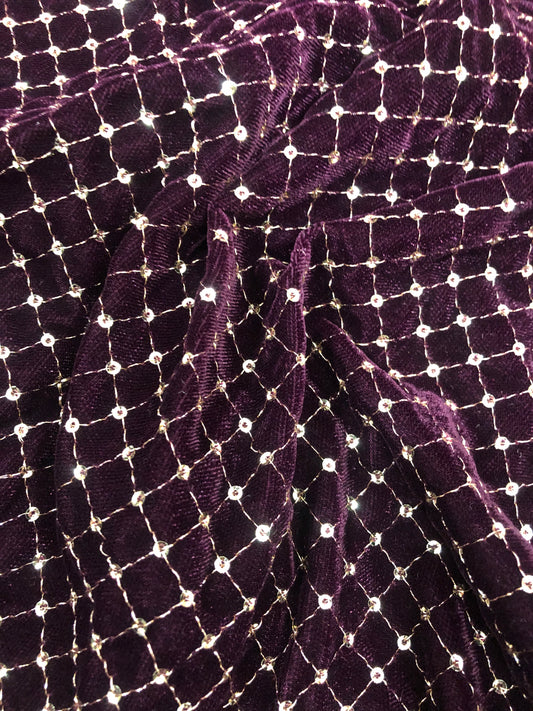 Embroidered Velvet Fabric in Wine and Gold color, Multiple lengths will come in the continuous piece - VLTF909