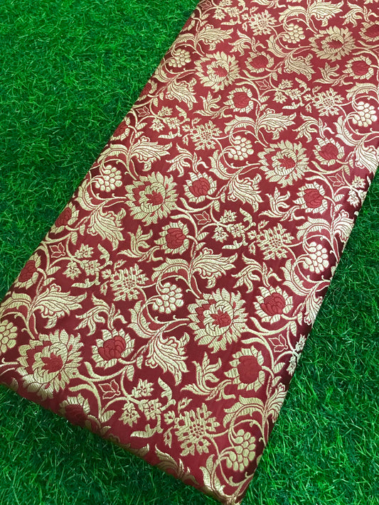 Banarasi Brocade fabric, Red and Gold Rayon silk brocade fabric, Renaissance fabric, Lace brocade, Flower brocade, Jacquard fabric - NFAF614