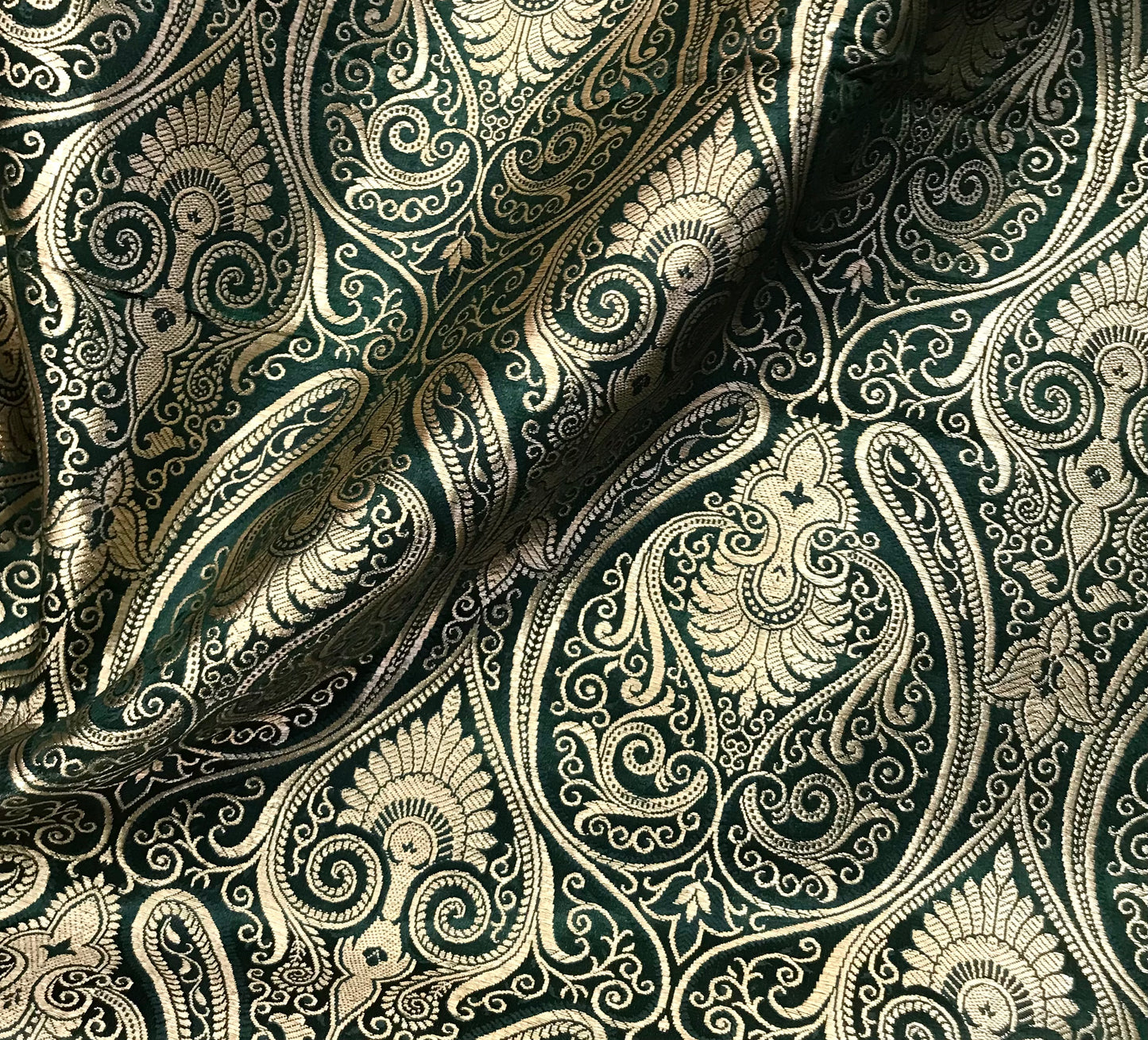 Indian Banarasi Brocade Fabric in Green and Gold color, Multiple lengths will come in the continuous piece - NF182