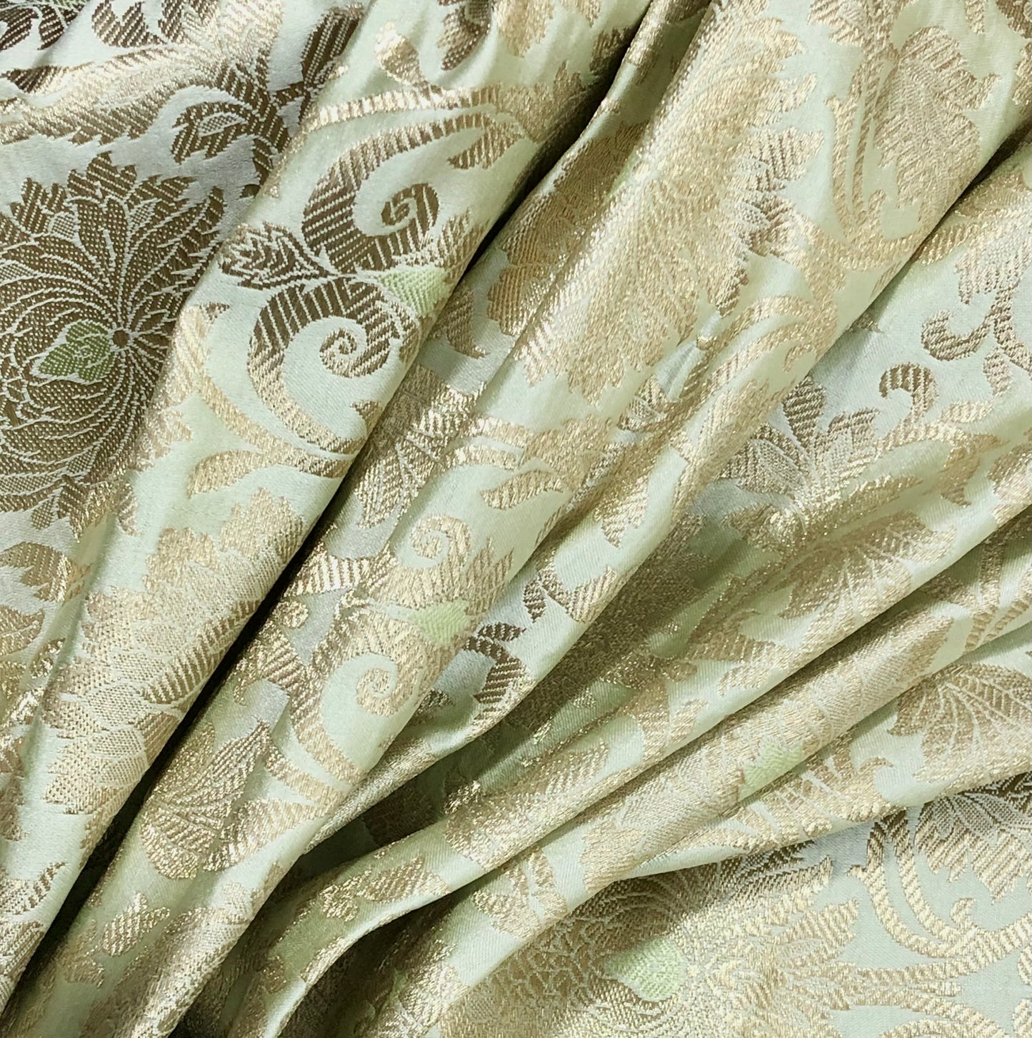 Indian Banarasi Brocade fabric in Sage Green and Gold color,  Multiple lengths will come in the continuous piece - NF2002