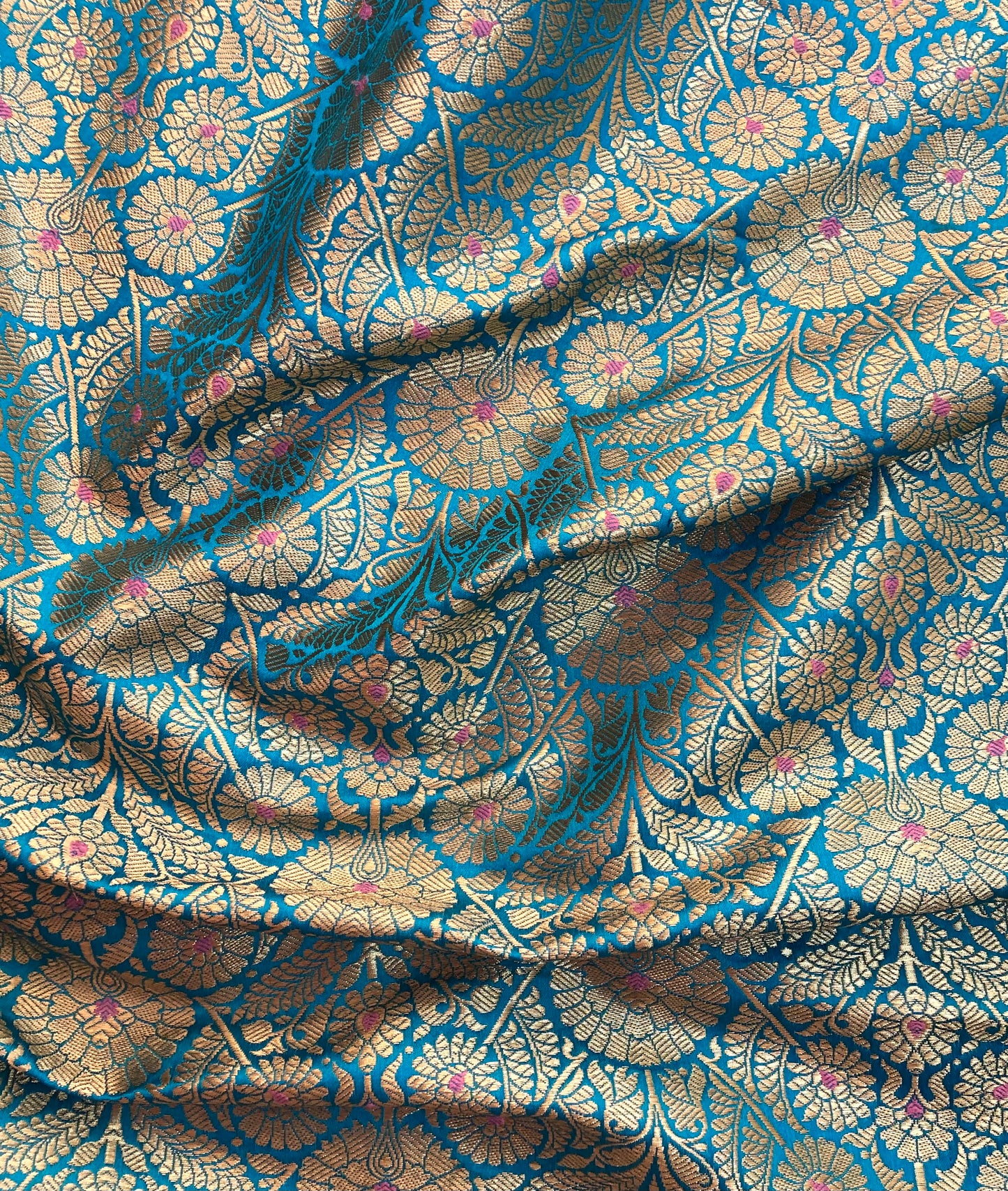 Indian Banarasi Brocade Fabric, Blue Gold Jacquard fabric, Floral brocade, Rayon silk brocade, Fabric by the yard/meter - NFAF1091