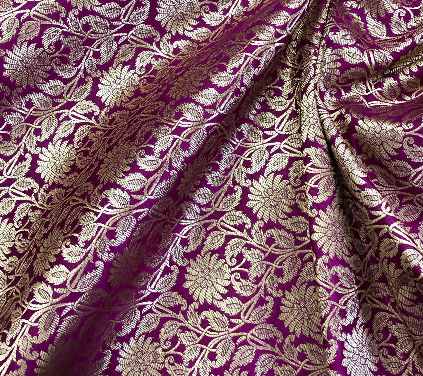 Indian Banarasi Brocade fabric in Purple and Gold color, Multiple lengths will come in the continuous piece - NF526