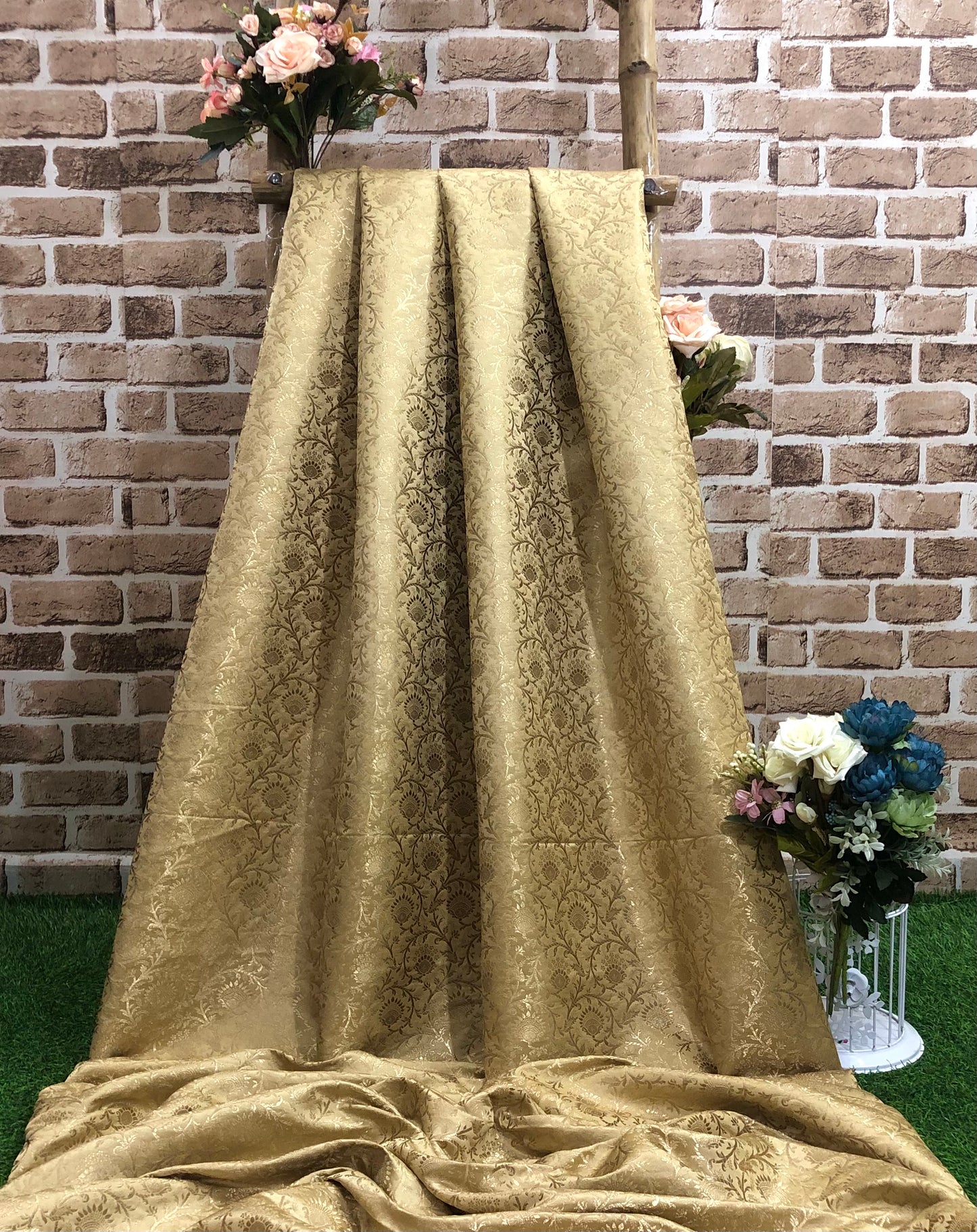 Indian Banarasi Brocade fabric in Beige and Gold color, Multiple lengths will come in the continuous piece - NF608