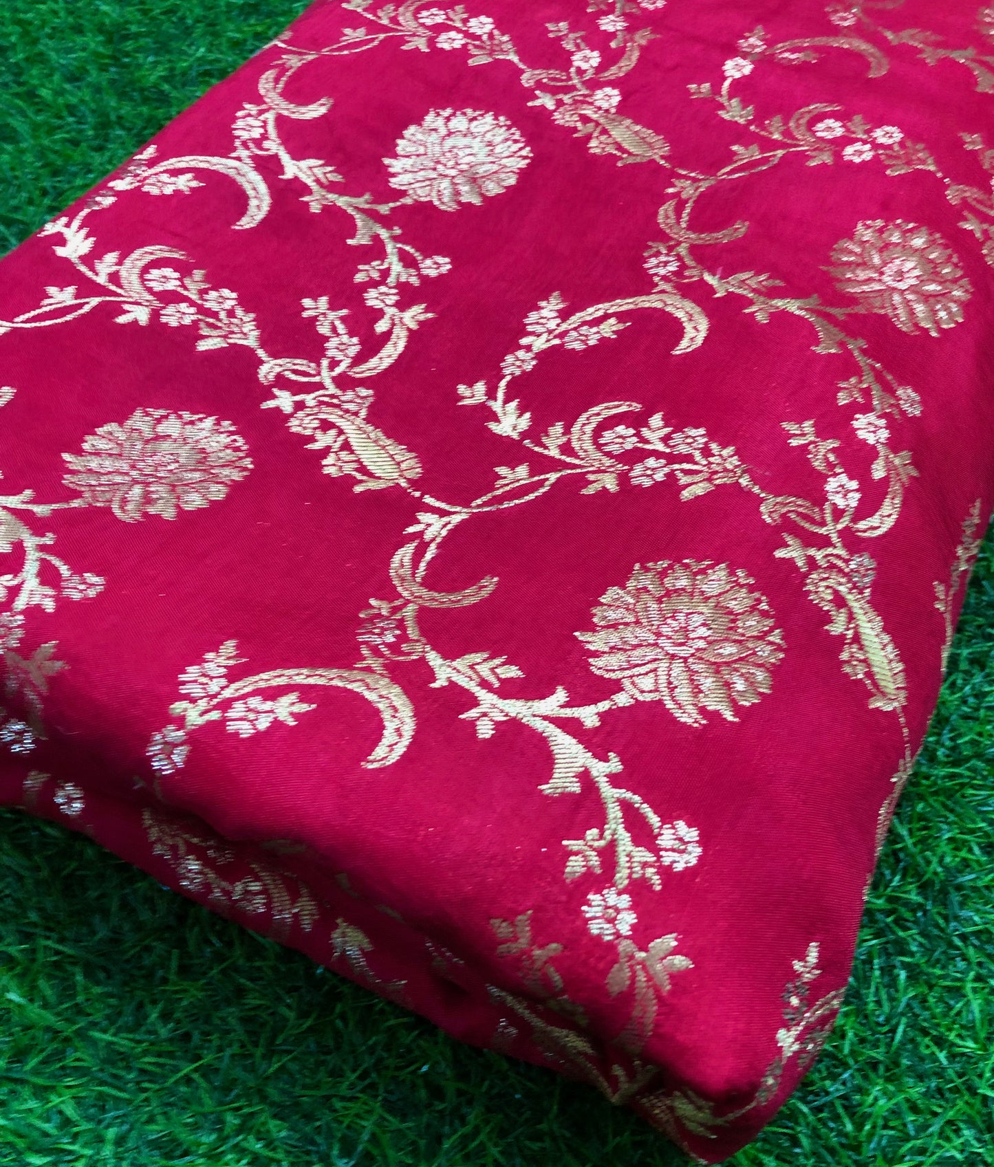 Indian Banarasi Brocade Silk Fabric in Coral and Gold  color, Multiple lengths will come in the continuous piece - NF579