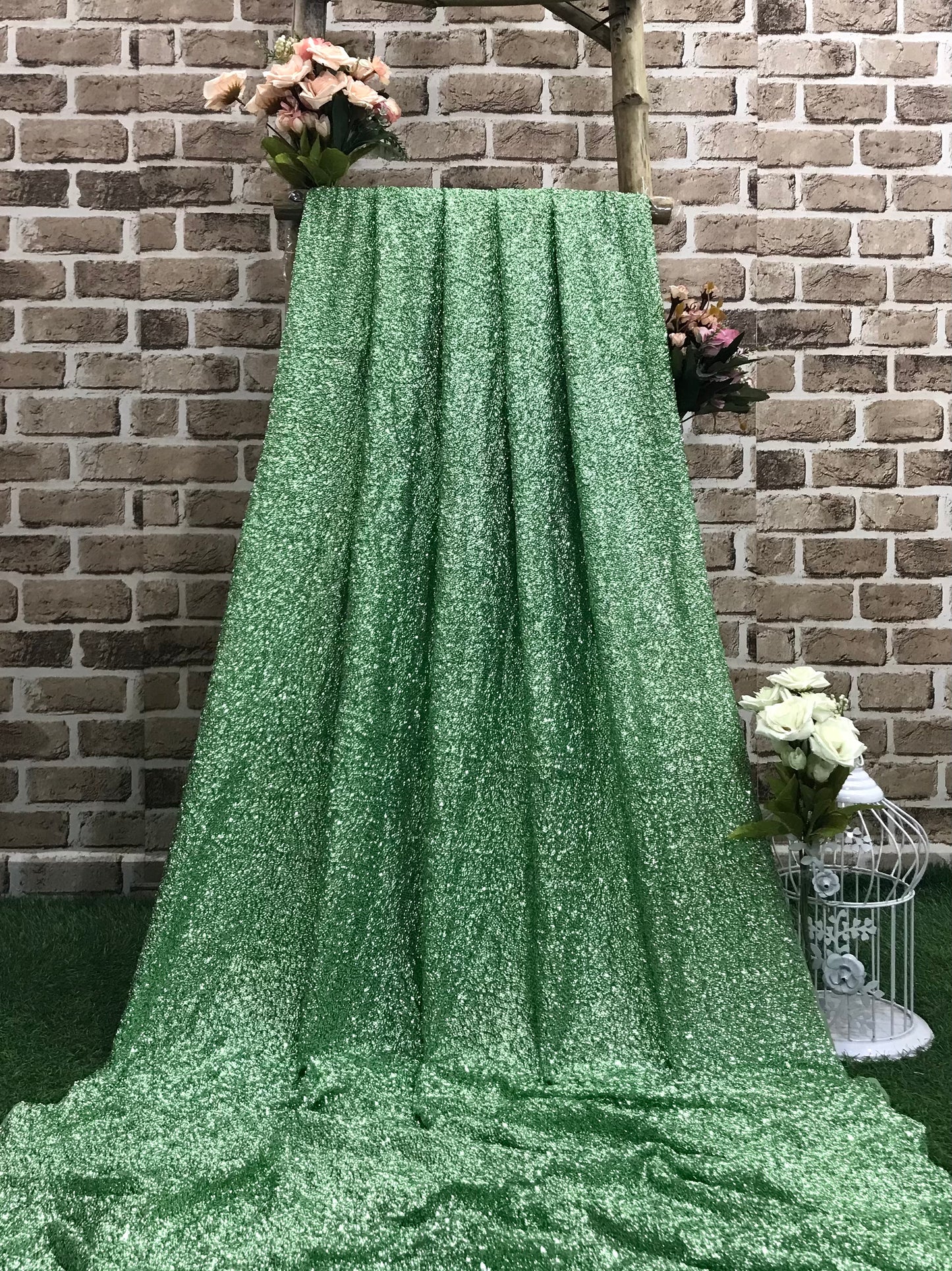 Embroidered Georgette Sequin Fabric in Green color, Multiple lengths will come in the continuous piece -SQAF23