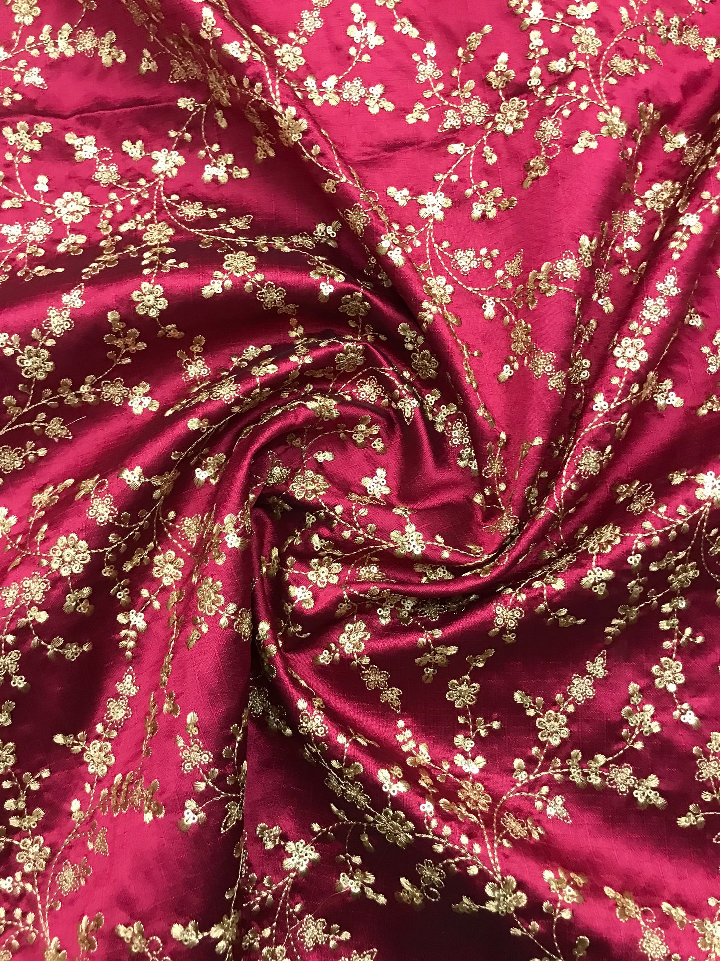 Indian Embroidered Fabric in Fuchsia Red and Gold color, Multiple lengths will come in the continuous piece - NF721