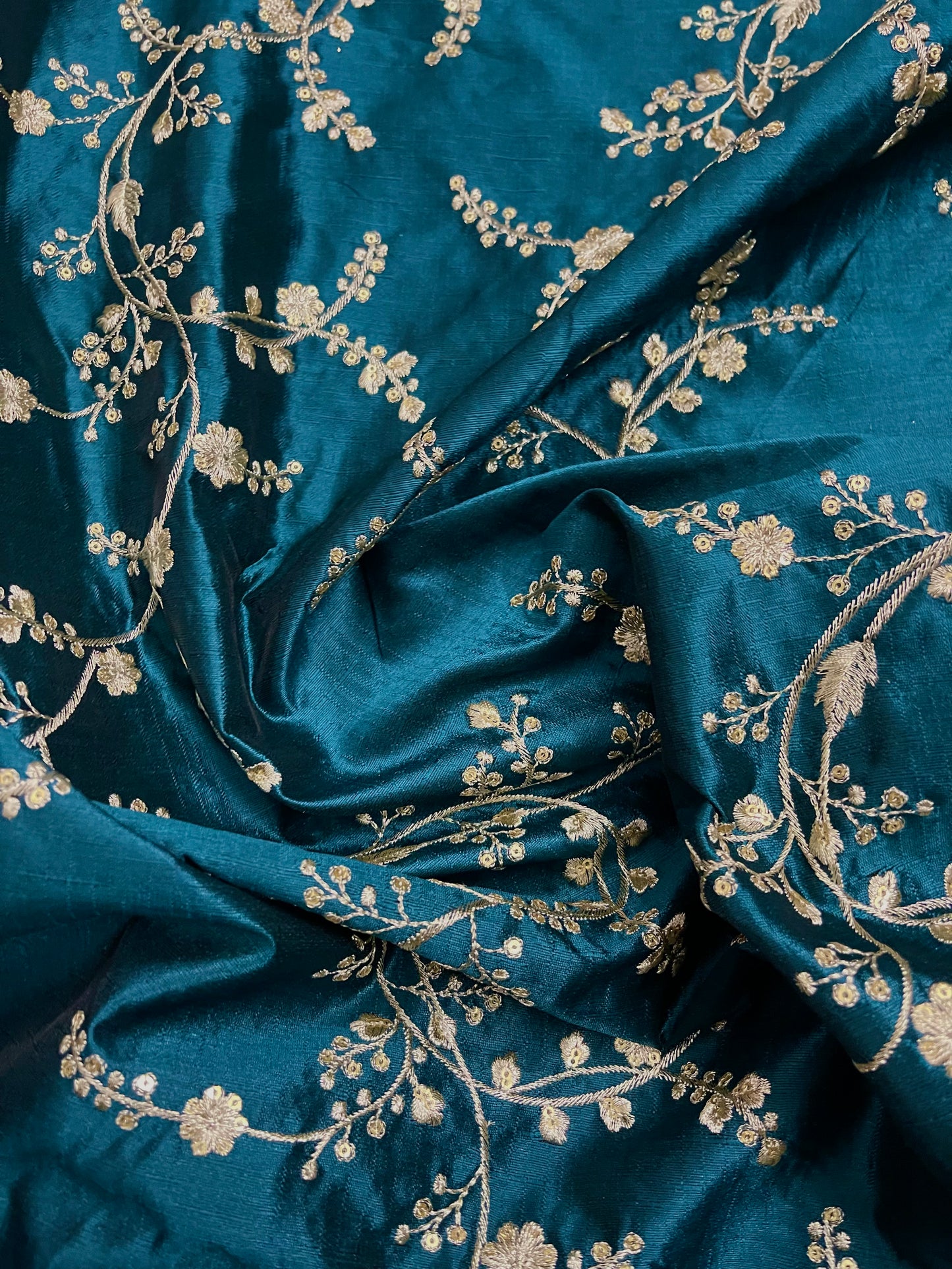 Indian Embroidered fabric in Peacock Blue and Silverish Gold color, Multiple lengths will come in the continuous piece - NFAF1087