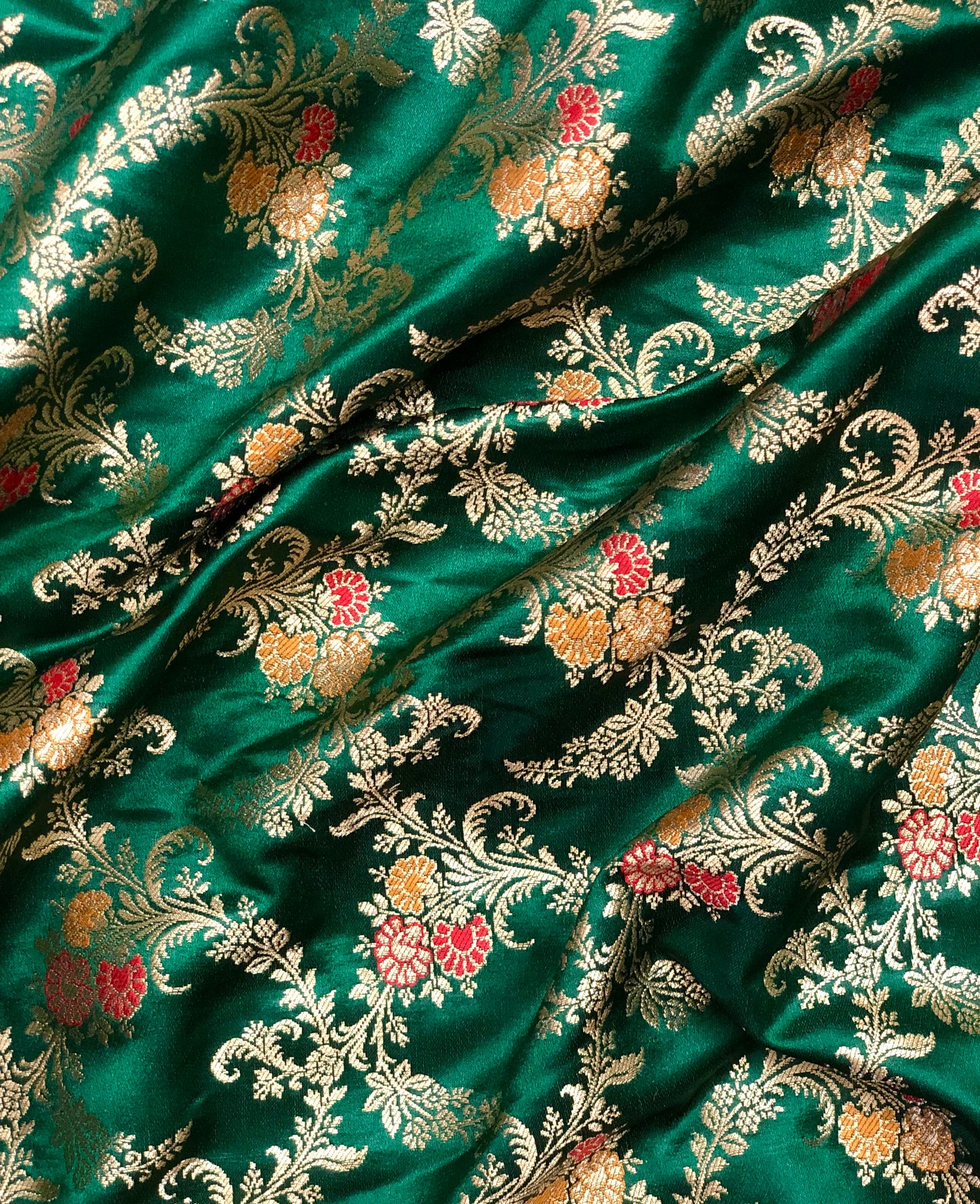 Indian Banarasi Brocade Fabric in Green and Gold color, Multiple lengths will come in the continuous piece - NF432