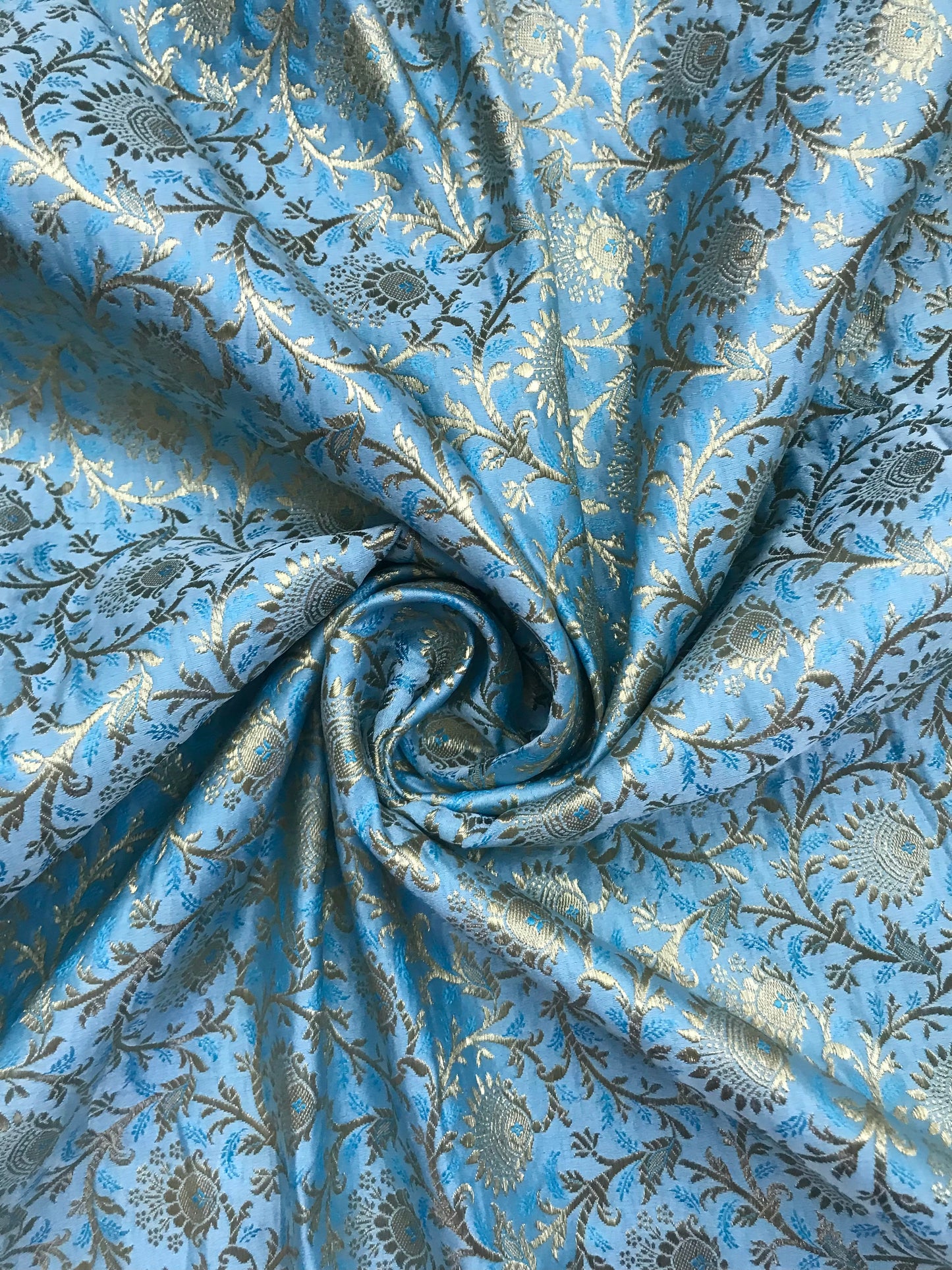 Indian Banarasi Brocade Fabric in Aqua Blue and Gold color, Multiple lengths will come in the continuous Piece - NF2009