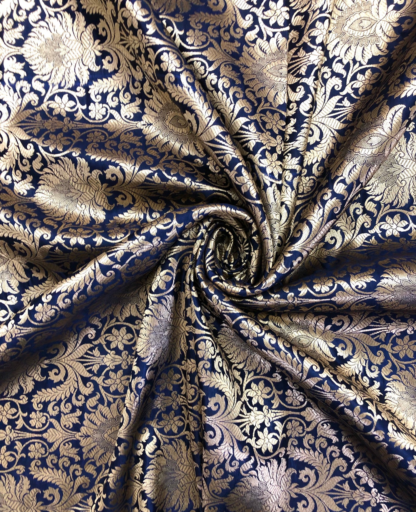 India Banarasi Brocade Fabric in Navy Blue and Gold color, Multiple lengths will come in the continuous piece - NF577