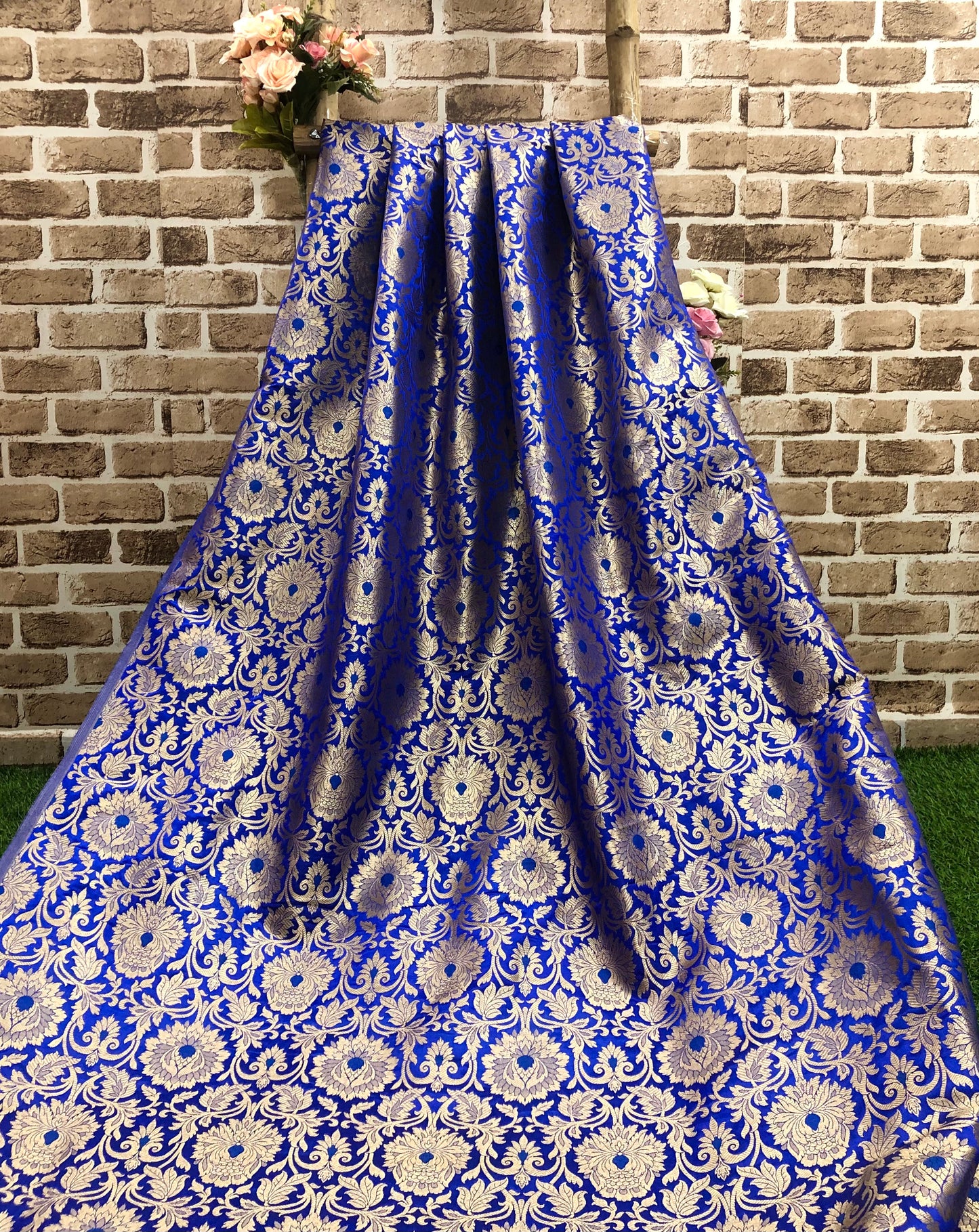 Indian Banarasi Brocade Fabric Blue and Gold color, Multiple lengths will come in the continuous piece - NF172