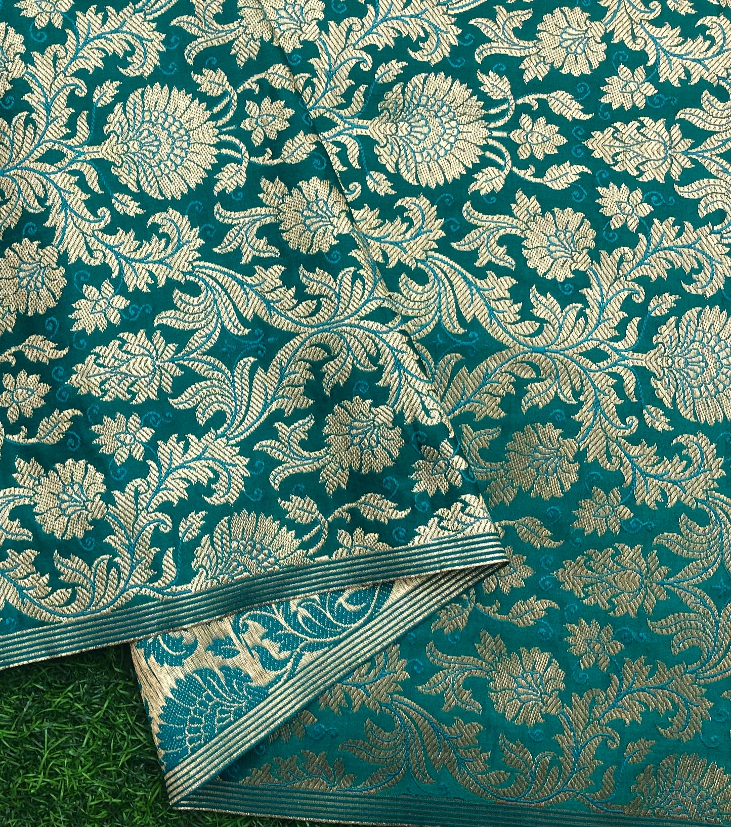 Indian Banarasi Brocade Fabric in Green and Gold Brocade color, Multiple lengths will come in the continuous piece - NFAF638