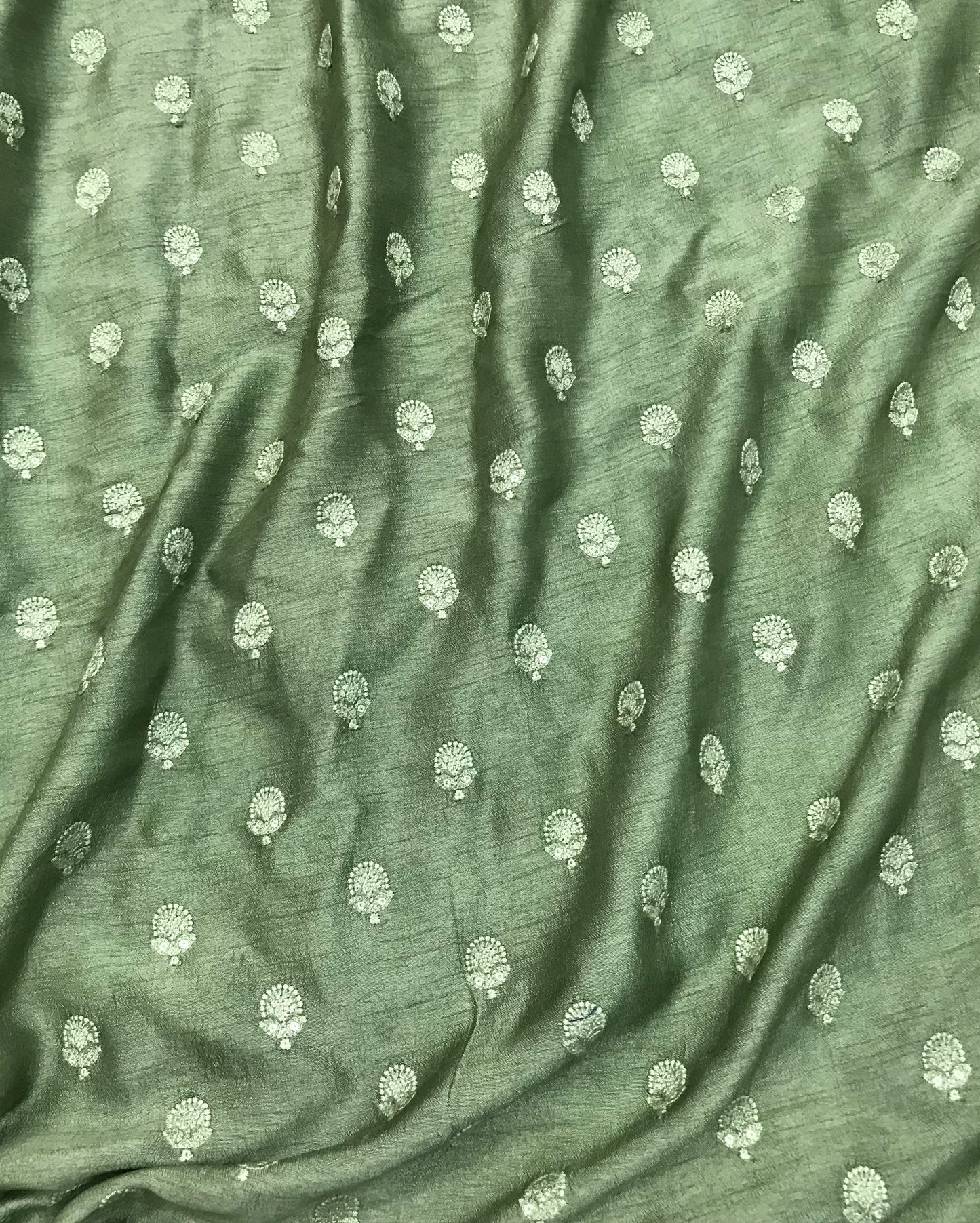 Indian Embroidered Viscose Silk Fabric in Green and Gold Color,  Multiple lengths will come in the continuous piece - NF556