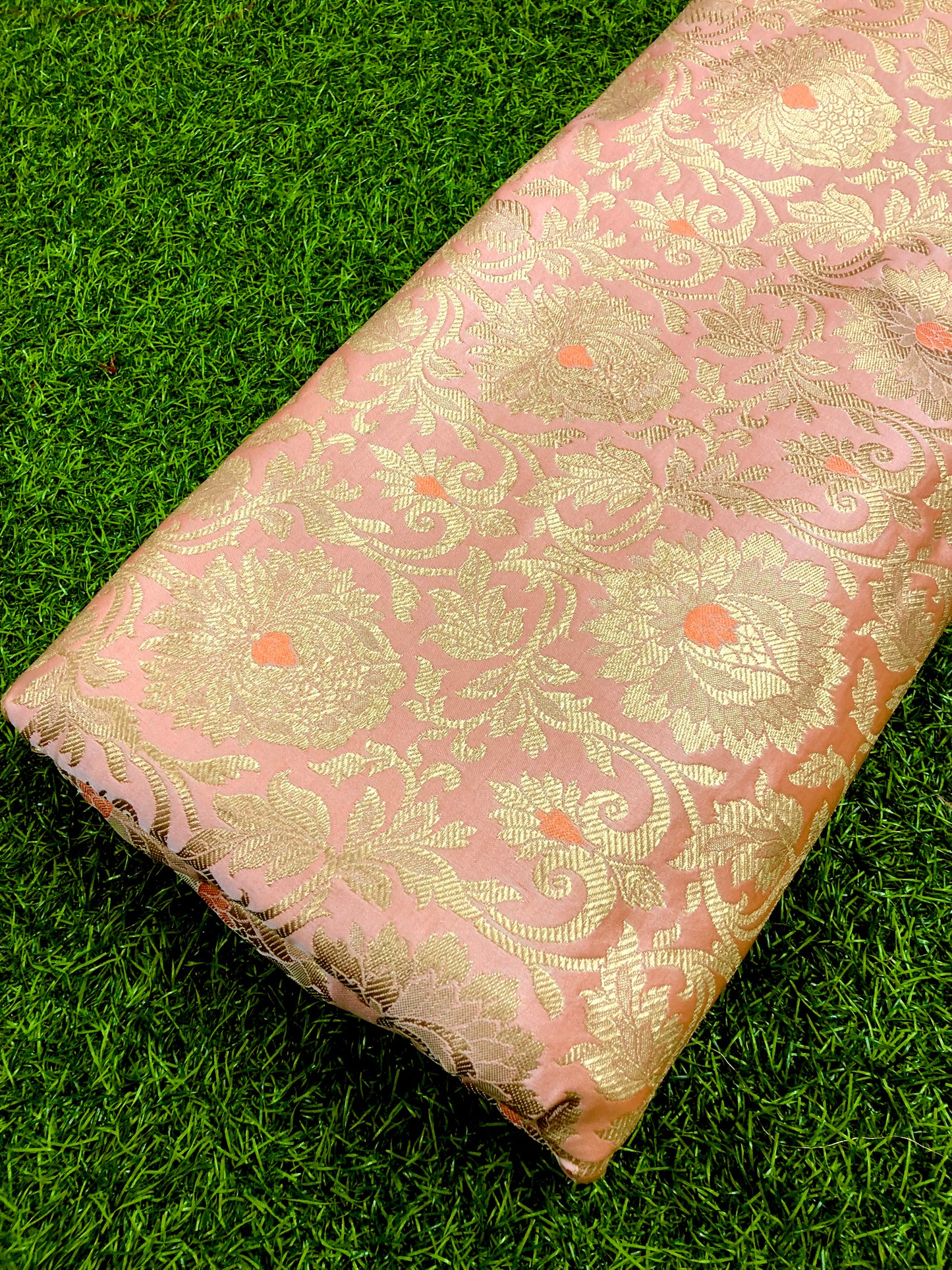 Indian Banarasi Brocade fabric in Peach and Gold color,  Multiple lengths will come in the continuous piece - NF895