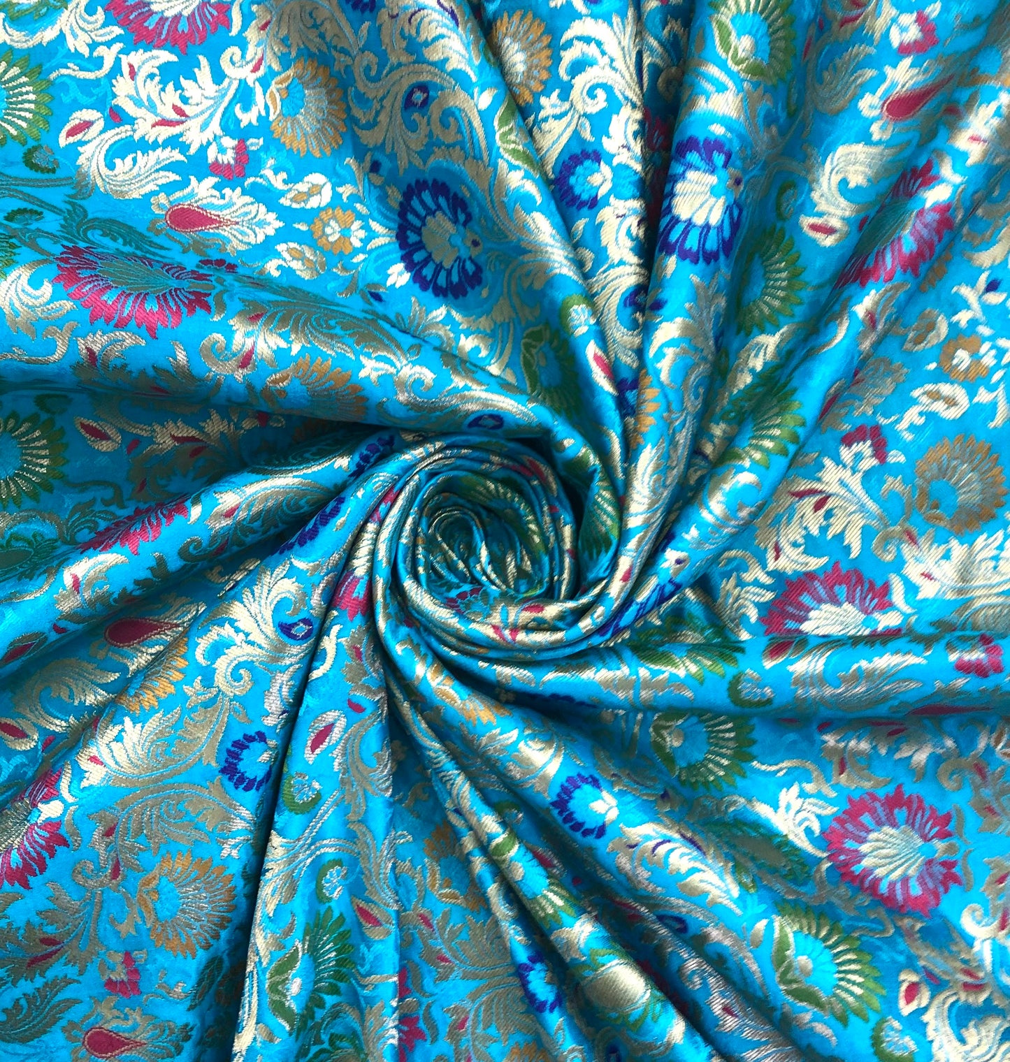 Indian Banarasi Brocade fabric in Blue and Gold color, Multiple lengths will come in the continuous piece - NF613