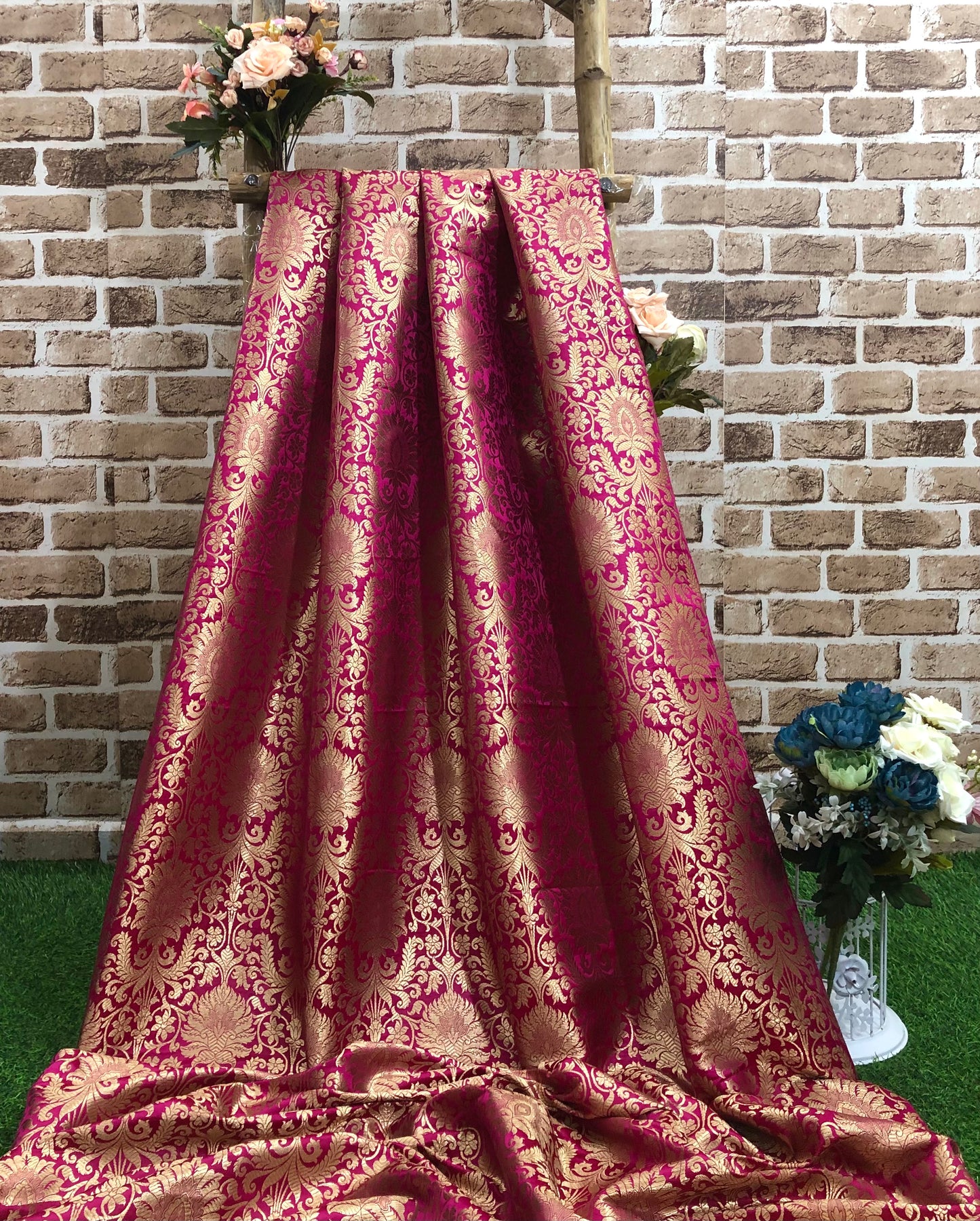 Indian Banarasi Brocade Fabric in Hot Pink and Gold color, Multiple lengths will come in the continuous piece - NF606