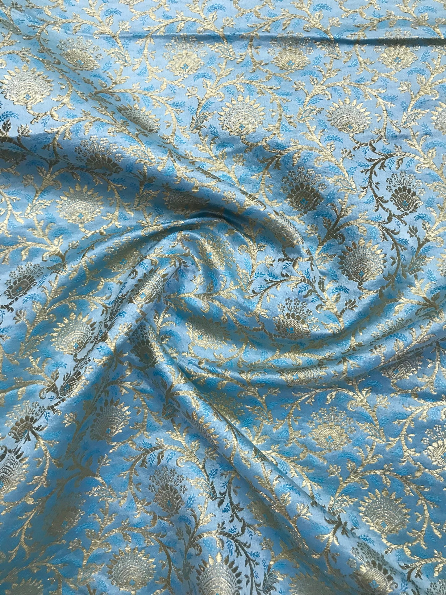 Indian Banarasi Brocade Fabric in Aqua Blue and Gold color, Multiple lengths will come in the continuous Piece - NF2009