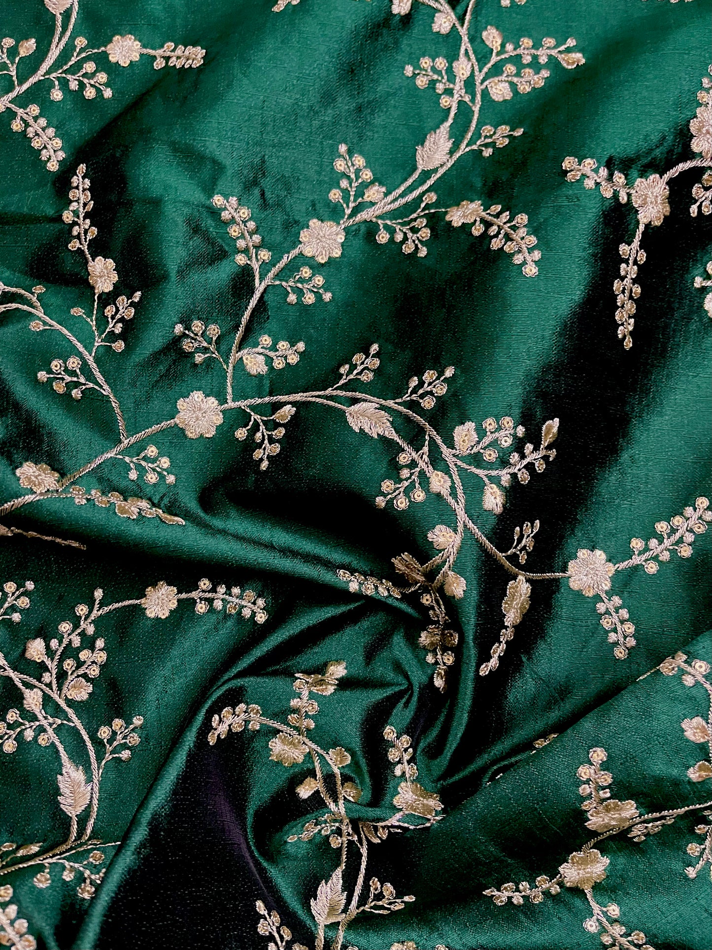 Indian Embroidered Fabric in Green and Gold color, Multiple lengths will come in a continuous piece - NF696