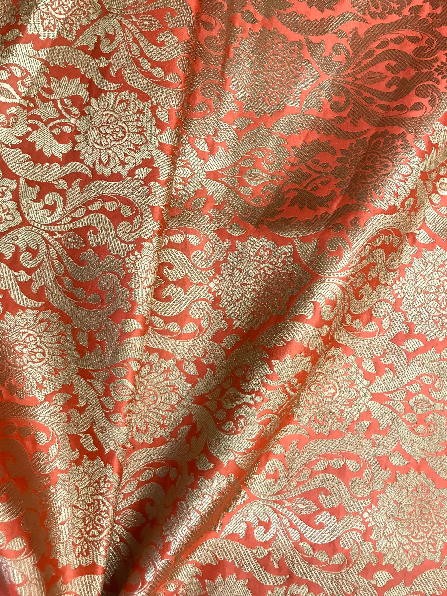 Indian Banarasi Brocade Fabric in Orange Coral and Gold color, Multiple lengths will come in the continuous Piece - NF666