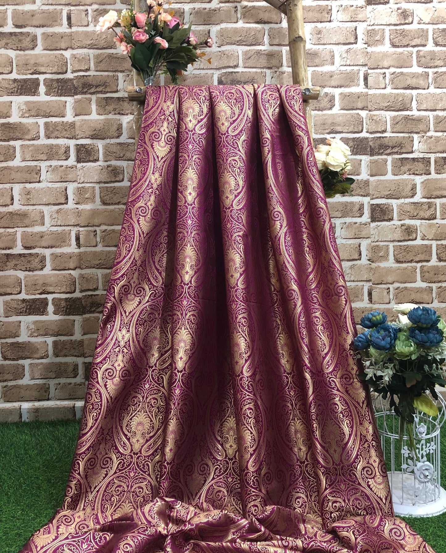 Indian Banarasi Brocade Fabric in Purple and Gold color, Multiple lengths will come in the continuous piece - NF363