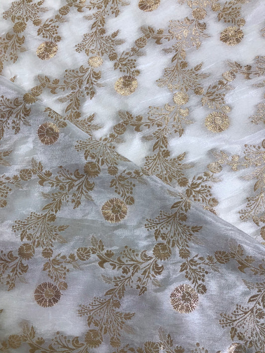 Indian Dola Silk Dyeable Fabric in White & Gold color, Multiple lengths will come in the continuous piece - NF864