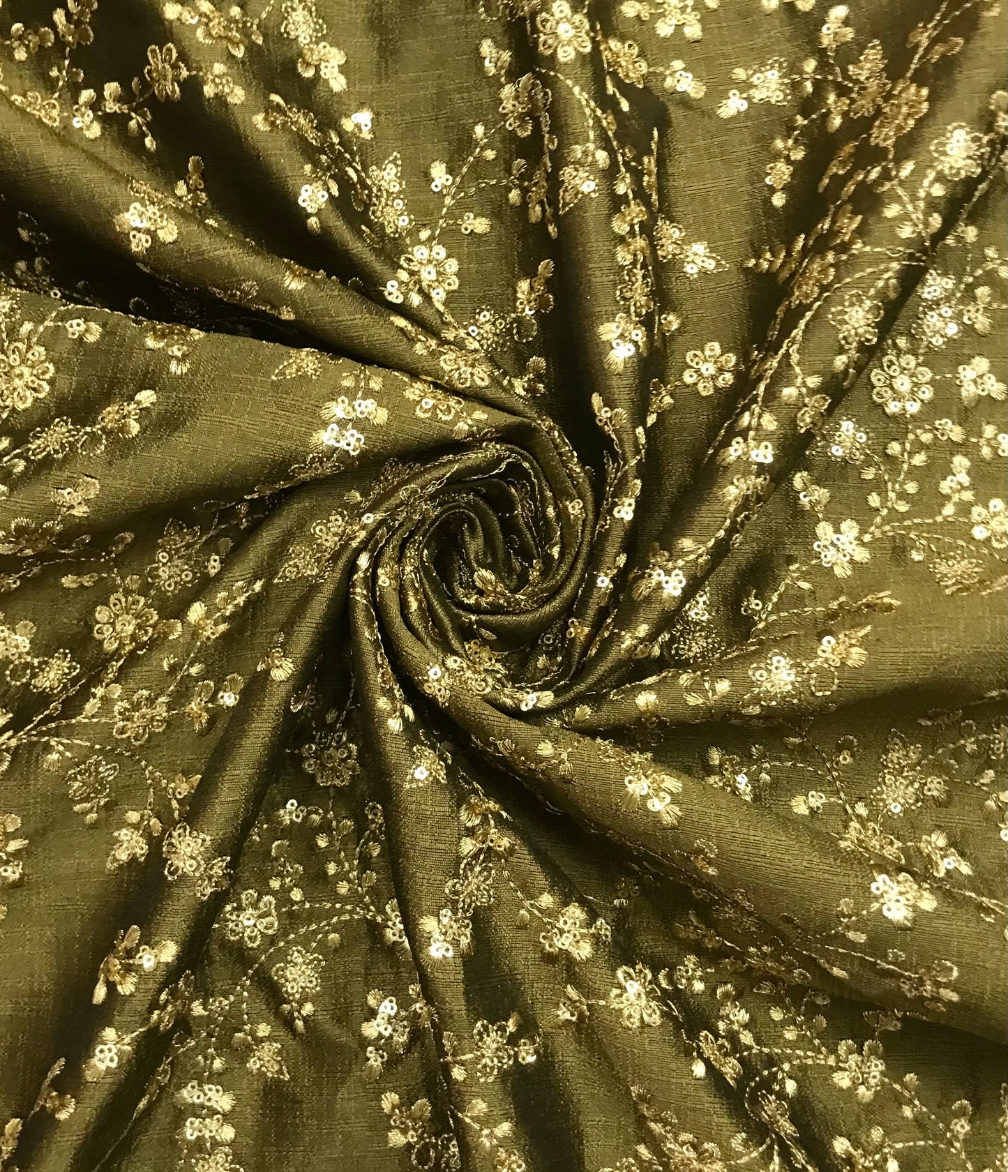 Indian Embroidered Fabric in Green & Gold color, Multiple lengths will come in the continuous piece NF758