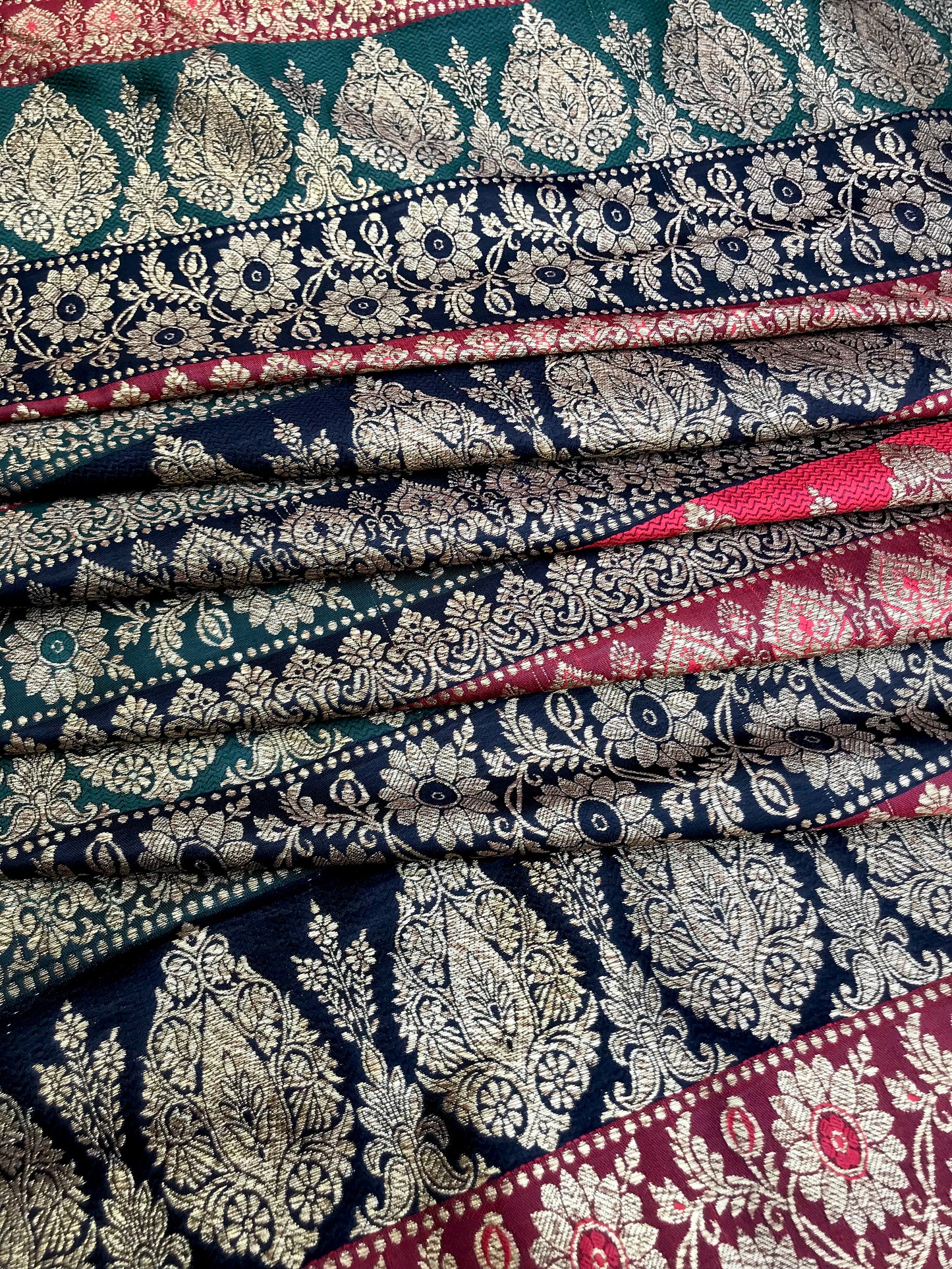 Indian Banarasi Brocade Fabric in Green, Red and Gold color,  Multiple lengths will come in the continuous piece - NF572