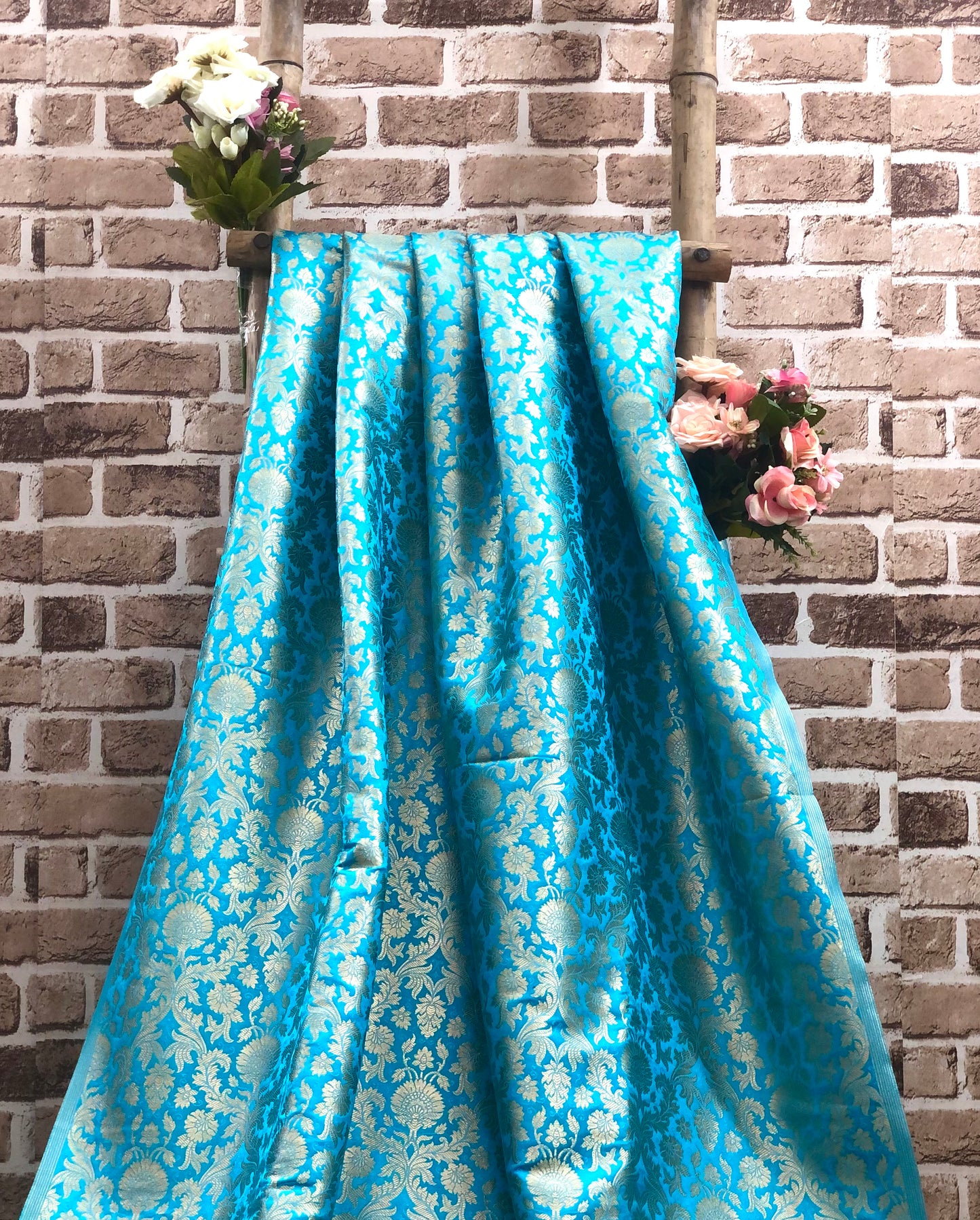 Indian Banarasi Brocade Fabric in Blue and Gold color, Multiple lengths will come in the continuous piece - NF604