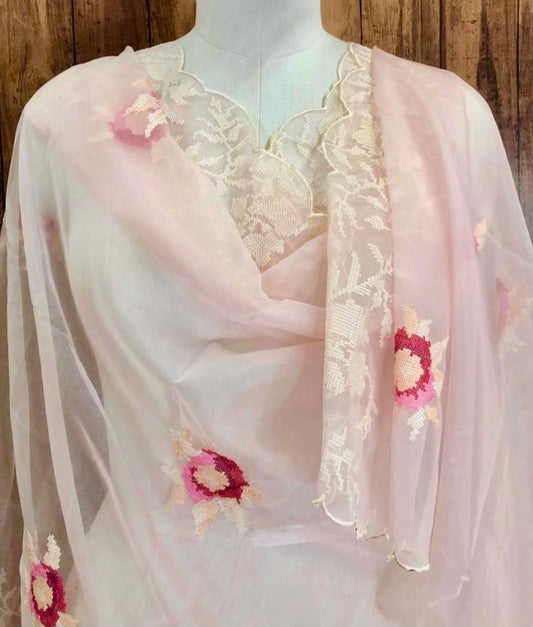 Pink and off white Organza Embroidered Dupatta for Women, Stole, Scarf, shawl, abaya, Chunri, Embroidered Indian Chunni, DP1030