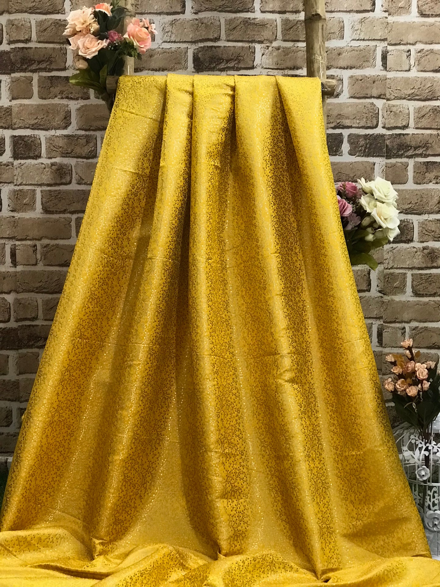 Indian Banarasi Brocade Fabric in Yellow and Gold color, Multiple lengths will come in the continuous piece - NF301