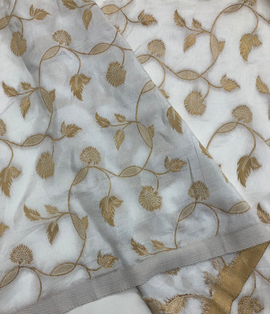 Off White and Gold Dola Silk Dyeable Fabric, Wedding Dress Fabric, Multiple lengths will come in the continuous piece - NF863