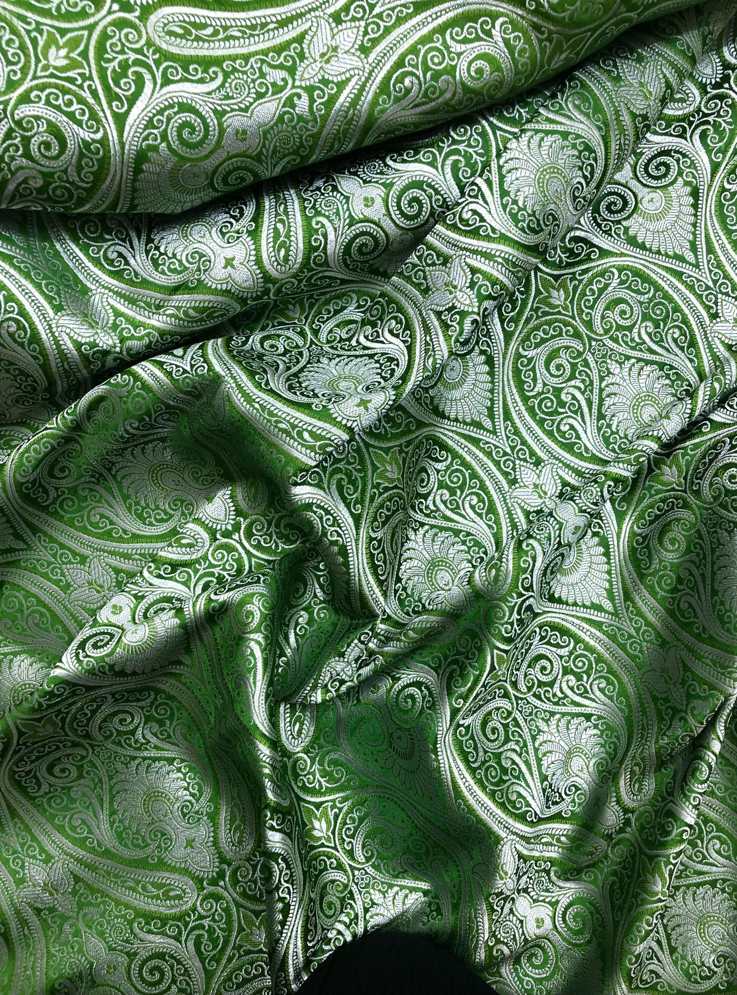 Indian Banarasi Brocade Fabric in Green and Silver color,  Multiple lengths will come in the continuous piece - NF602