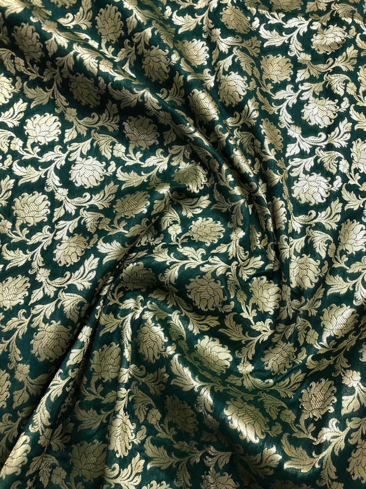 Indian Banarasi Brocade Fabric in Green and Gold Color, Multiple Length will come in a continuous Piece - NF183