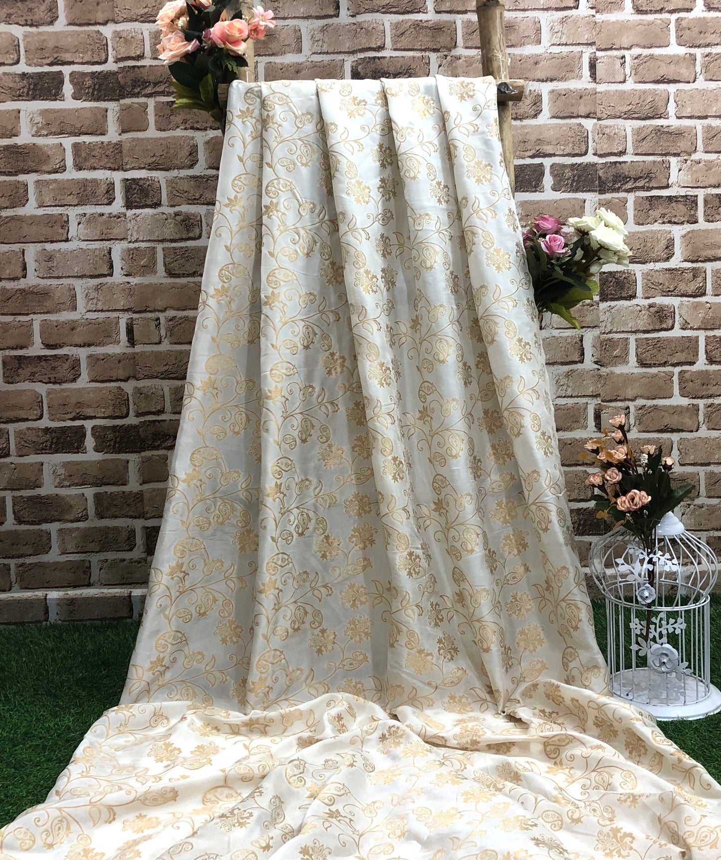 Off White and Gold Dola Silk Dyeable Fabric, Wedding Dress Fabric,  Multiple lengths will come in a continuous piece - NF862