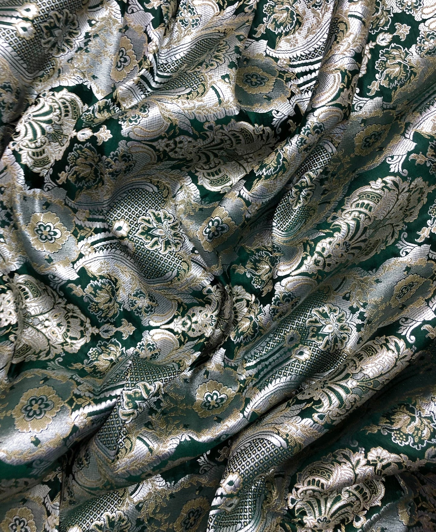 Indian Banarasi Brocade Fabric in Dark Green Silver and Gold color, Multiple lengths will come in the continuous piece - NF45