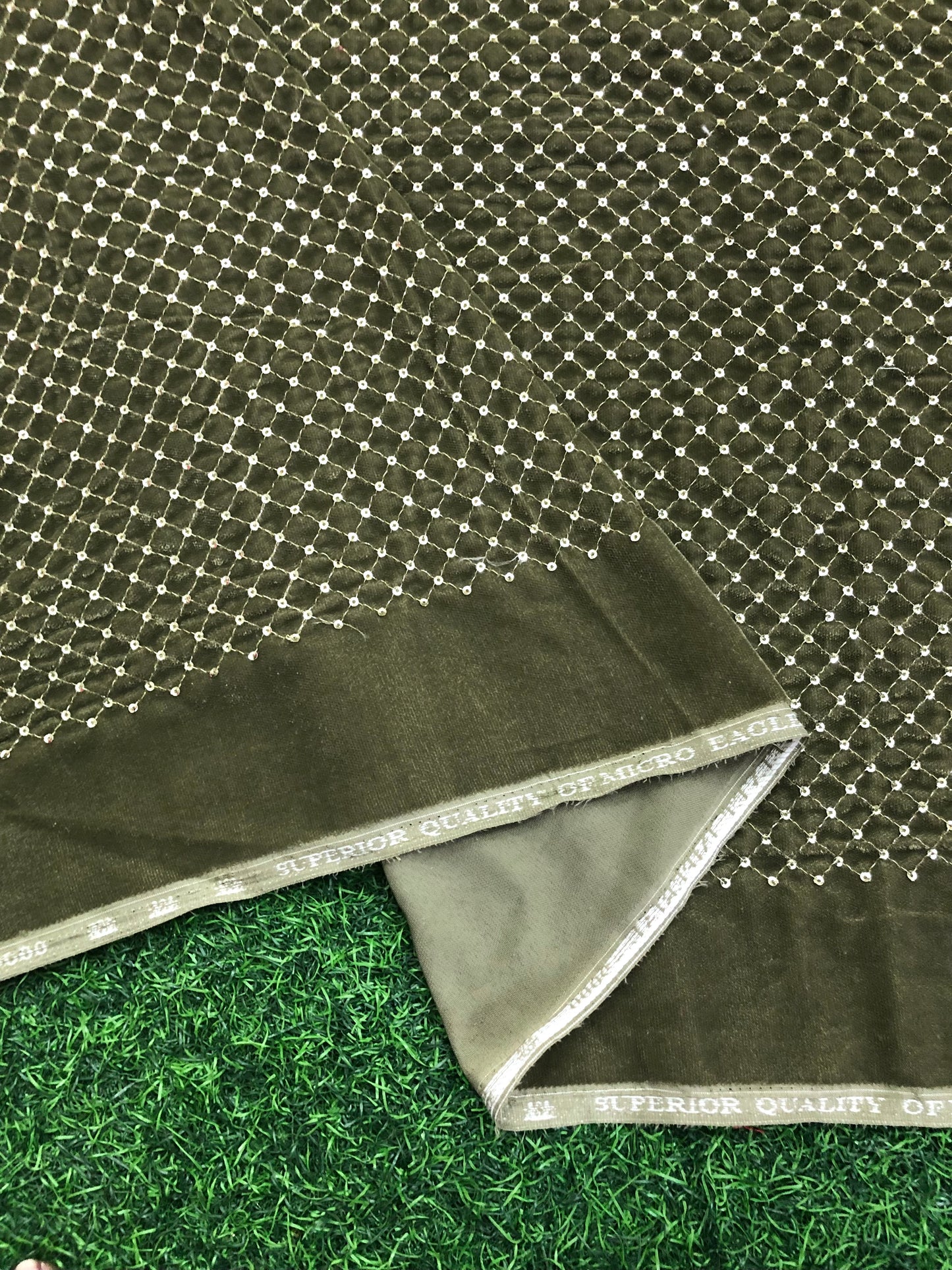 Indian Embroidered Velvet Fabric in Sage Green color, Drapery Fabric, Multiple lengths will come in the continuous piece - vltf920