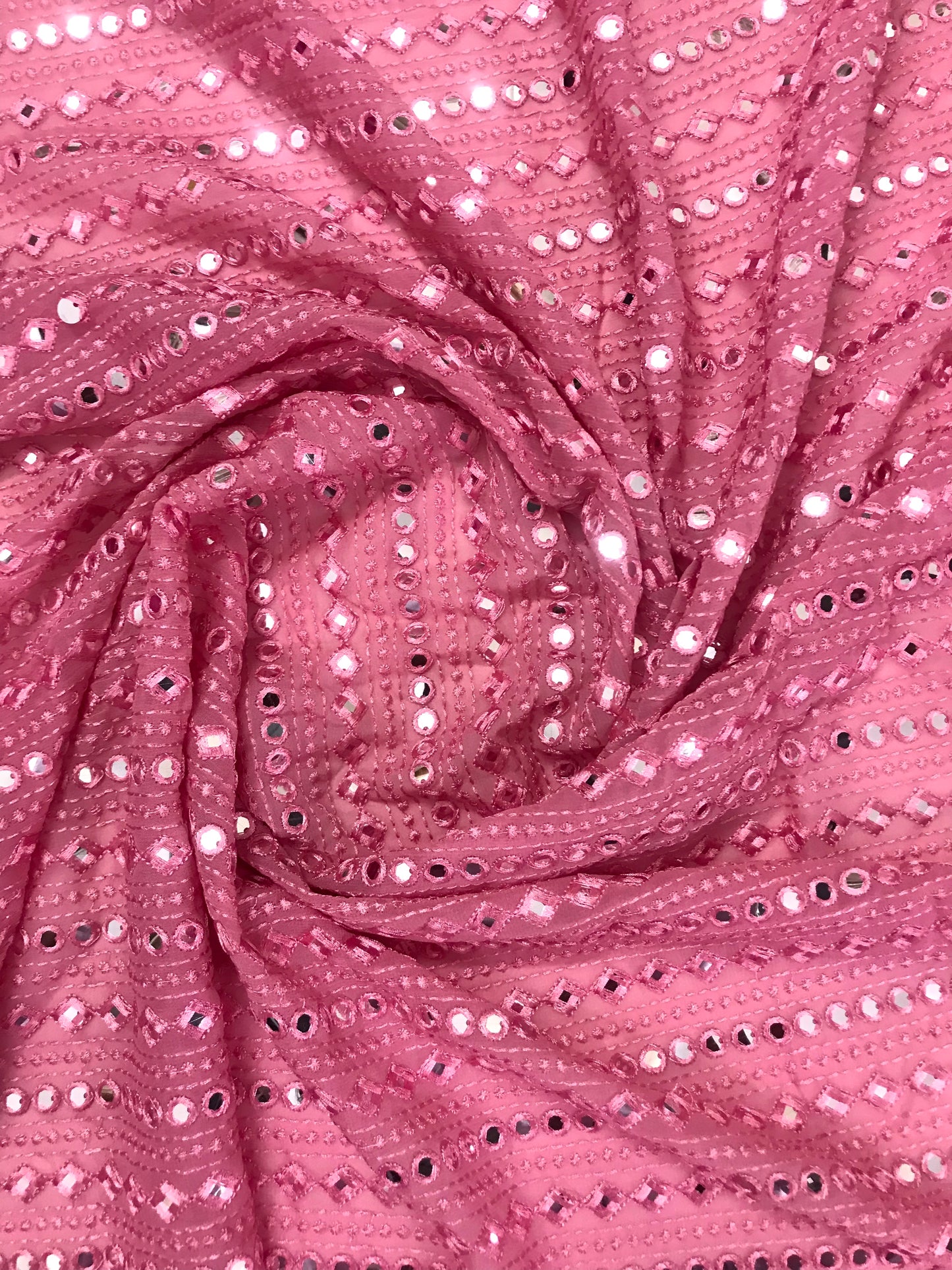 Pink Georgette Bridal Fabric, Foil Mirror Embroidered Wedding Dress Gown Fabric, Multiple yardage will come in one piece - NF460