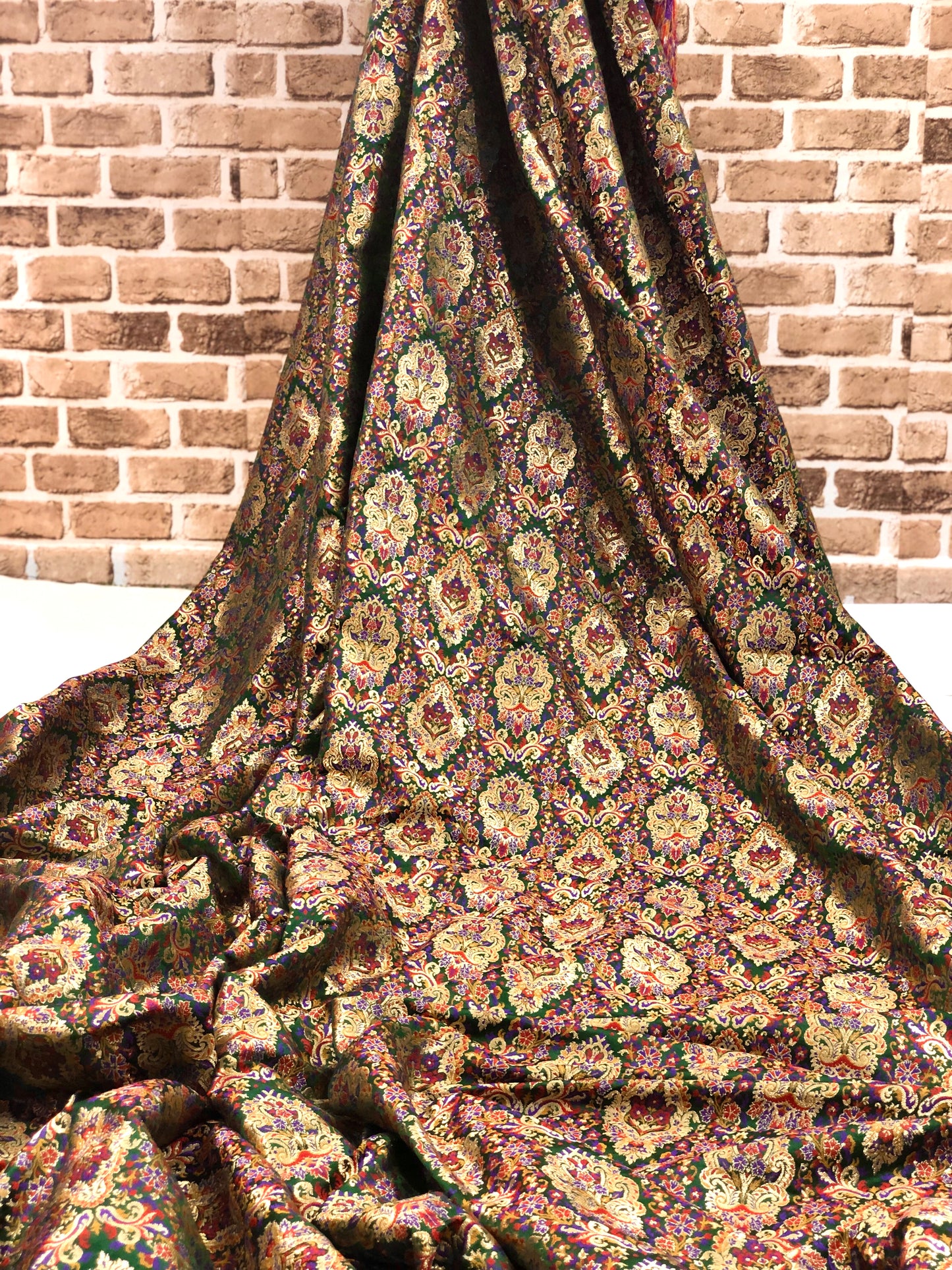 Indian Banarasi Brocade fabric in Green and Gold color, Multiple lengths will come in the continuous piece - NF594