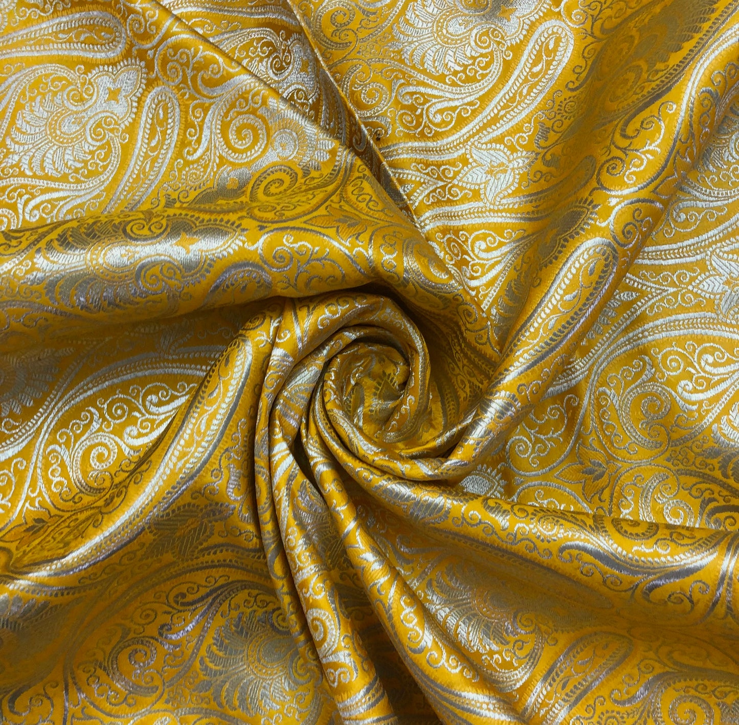 Indian Banarasi Brocade Fabric in Yellow and Silver color, Multiple lengths will come in the continuous piece - NF743