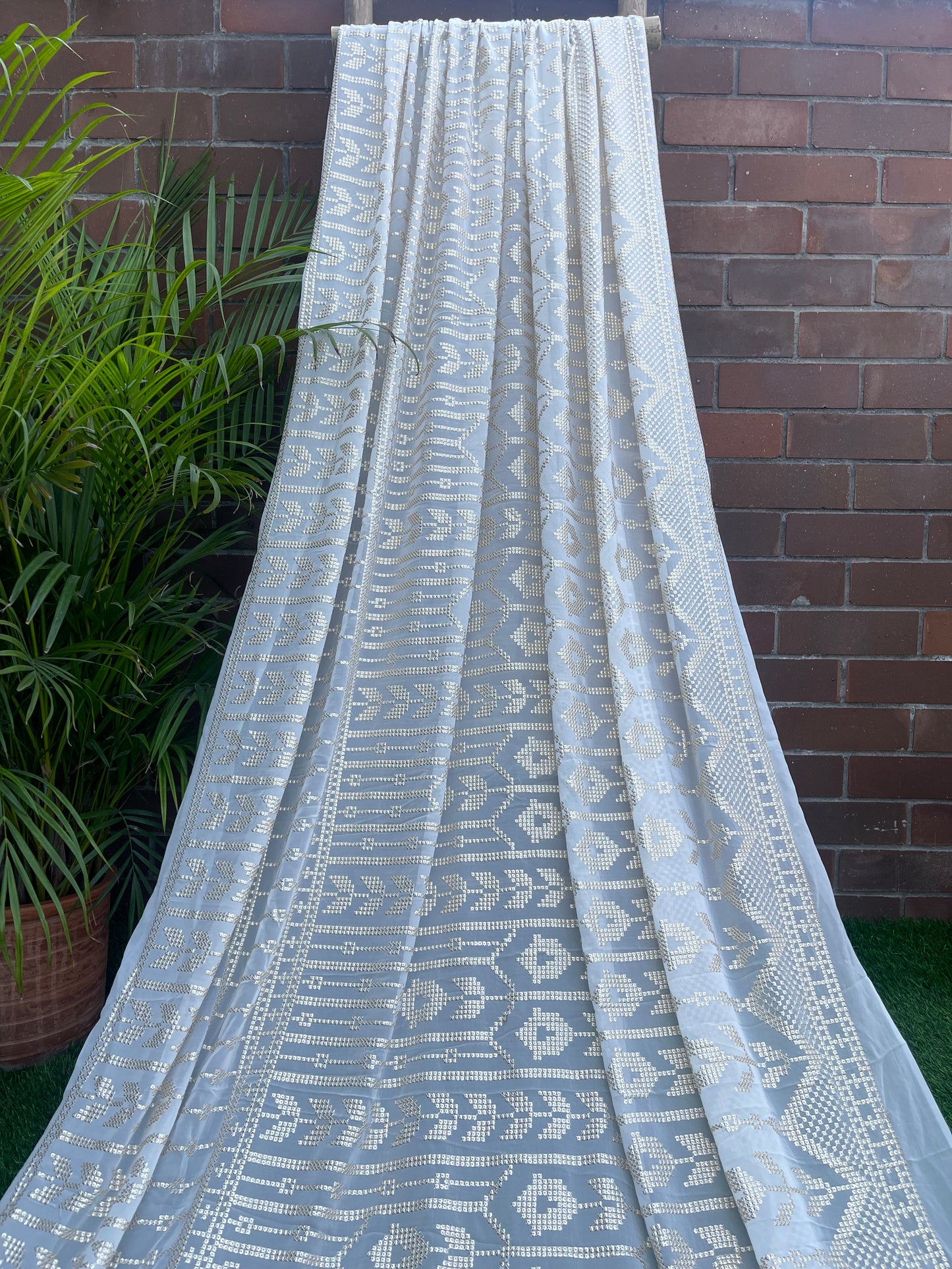 Indian Embroidered CHIFFON Fabric in Off-White color, Multiple lengths will come in the continuous piece - NF945