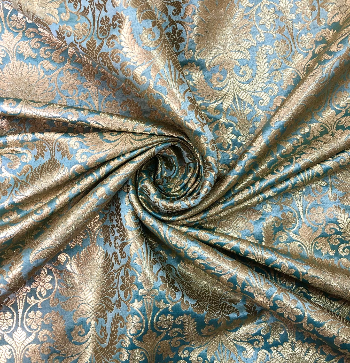 Grayish blue & gold jacquard brocade fabric, Home décor fabric, Floral brocade, Brocade Dress, party dress fabric - NFAF587