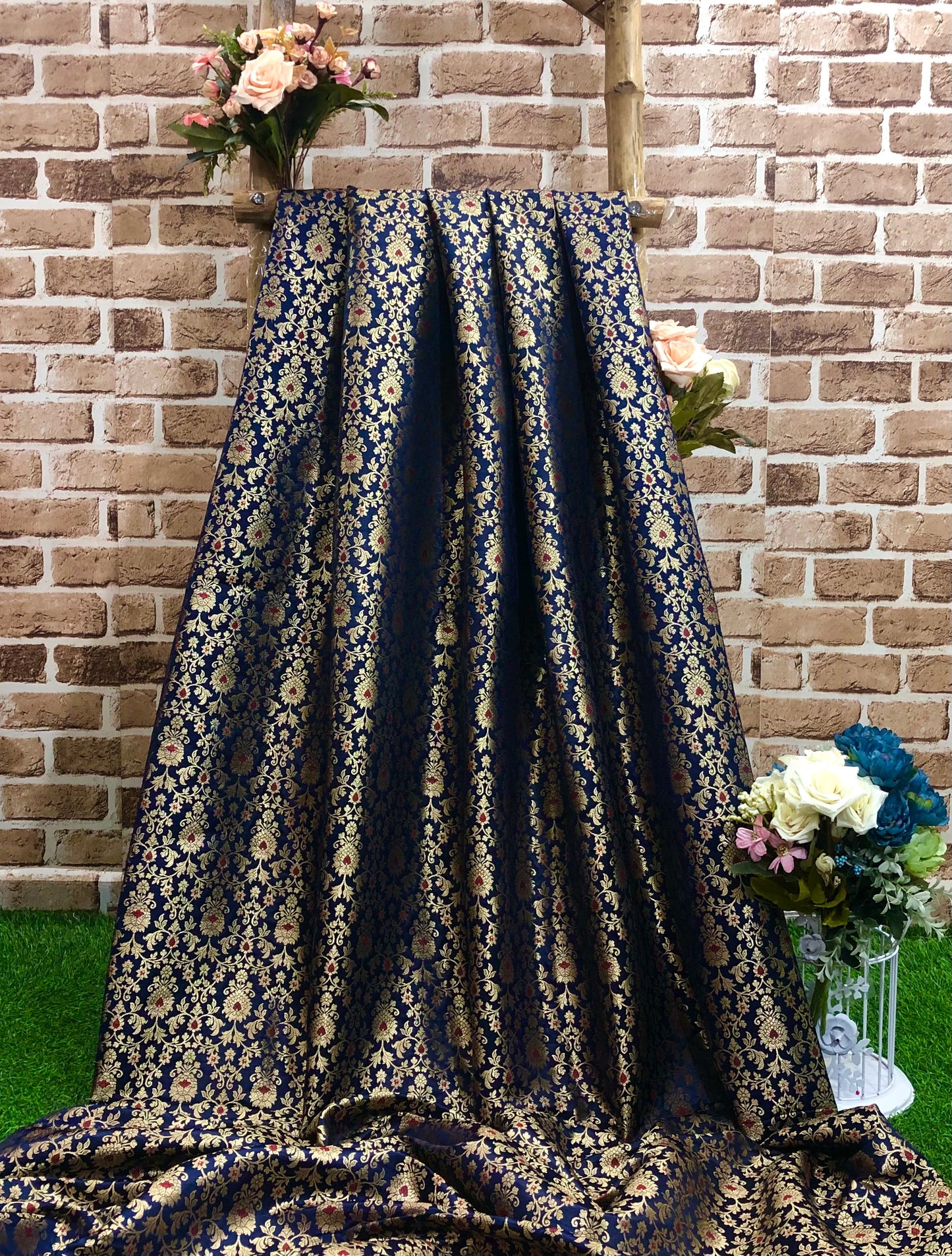 India Banarasi Brocade Fabric in Navy Blue and Gold color,  Multiple lengths will come in the continuous Piece - NF704